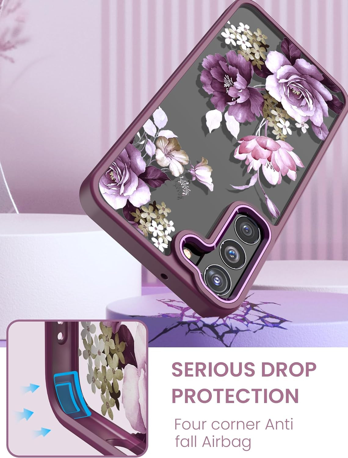 Dretal for Samsung Galaxy S22 plus 5G Case Floral, Galaxy S22+ Case, Military Grade Drop Tested Hard Back & Soft Edge Slim Flower Women Girls Protective Cover +Tempered Glass Screen Protector (Purple)  Dretal   