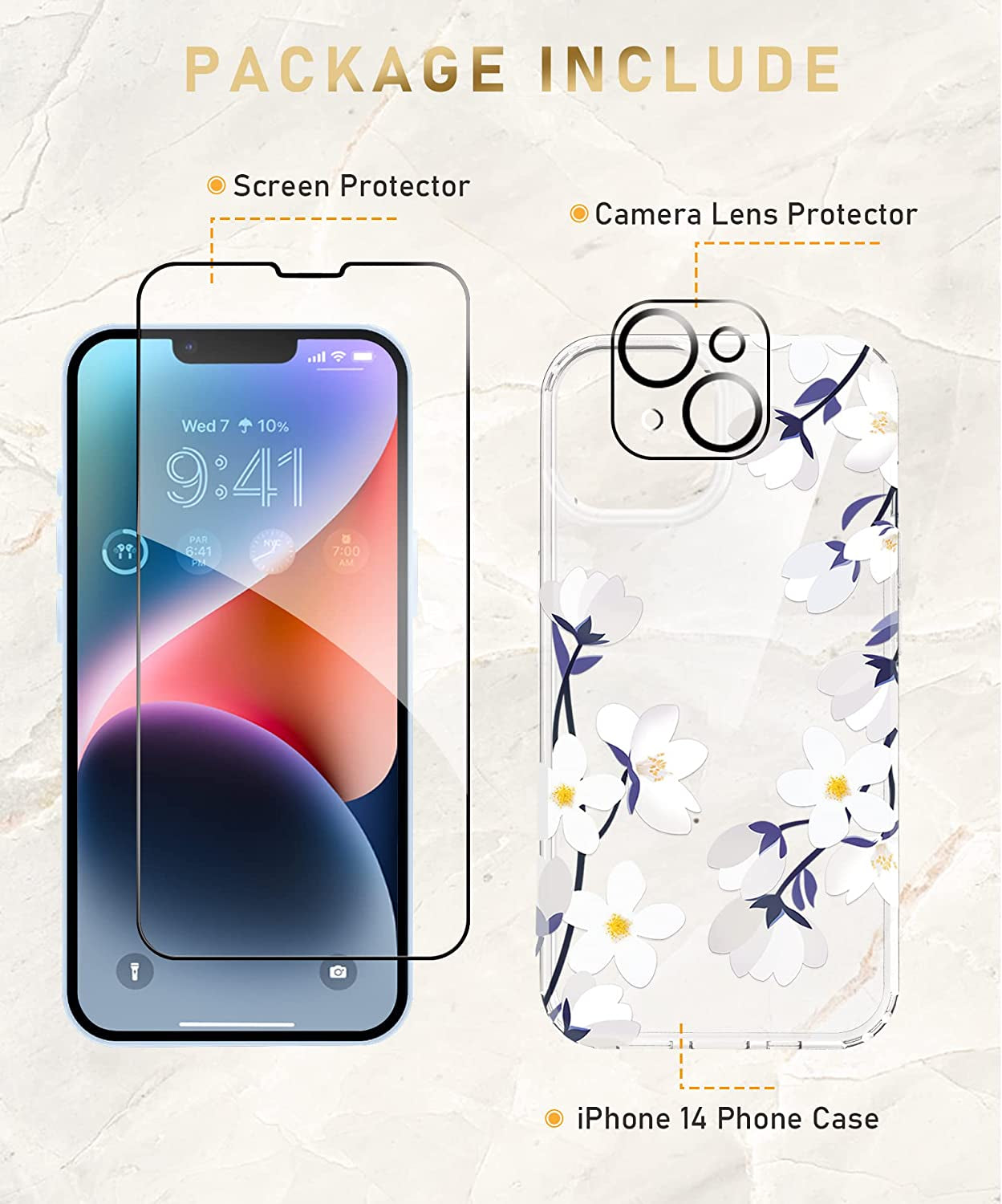 MIODIK Compatible with Iphone 14 Case with Screen Protector + Camera Lens Protector, [Anti-Yellow] Clear Floral Phone Case, Protective Shockproof Cover for Women Girls 6.1 Inch - Alyssum/White  MIODIK   