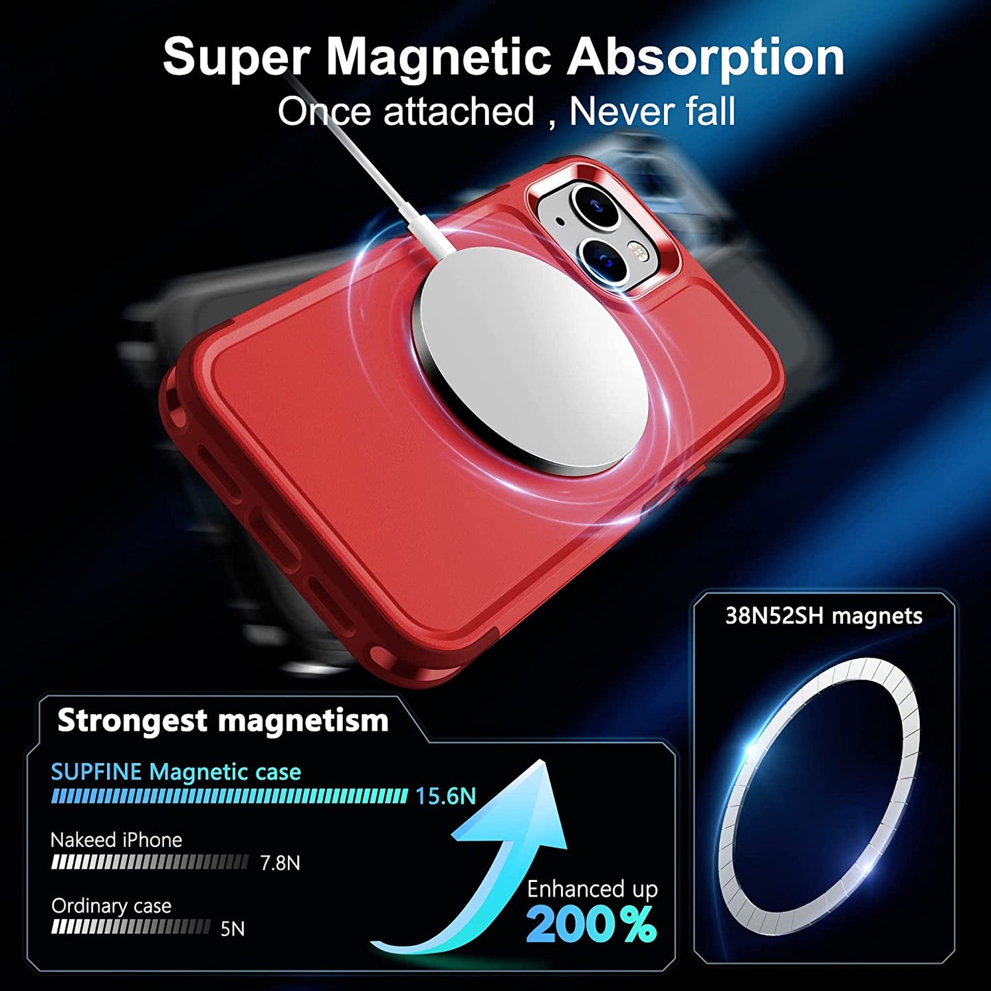 Xiwxi Magnetic for Iphone 14 Case [Compatible with Magsafe][Military Grade Drop Protection] [Glass Screen Protector+Camera Lens Protector] Non-Slip Full-Body Shockproof Phone Case,Red  xiwxi   