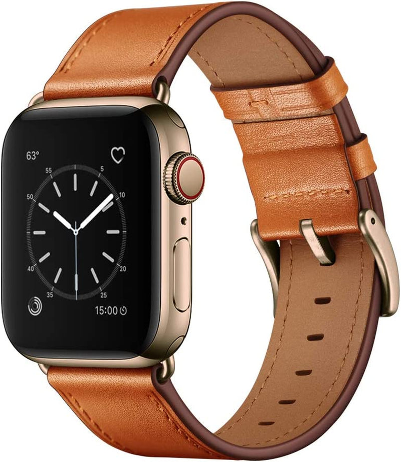 OUHENG Compatible with Apple Watch Band 49Mm 45Mm 44Mm 42Mm, Genuine Leather Band Replacement Strap Compatible with Apple Watch Ultra Series 8/7/6/5/4/3/2/1/SE/SE2, Black Band with Black Adapter  OUHENG Brown/Bronze Gold 49mm/45mm/44mm/42mm 