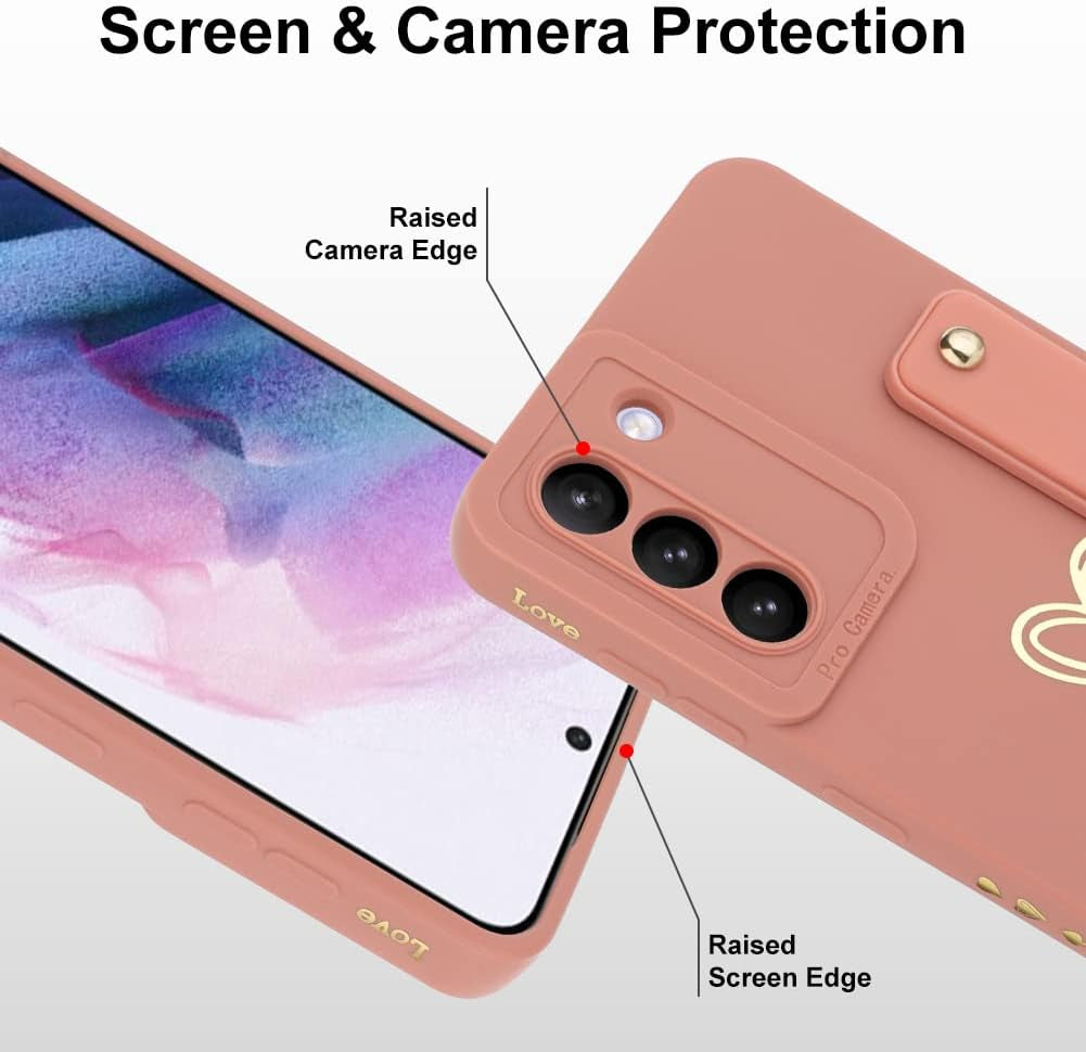 Fiyart Designed for Samsung Galaxy S21 plus Case with Phone Stand Holder Cute Love Hearts Protective Camera Protection Cover with Wrist Strap for Women Girls for Galaxy S21 plus 6.7"-Pink  Fiyart   