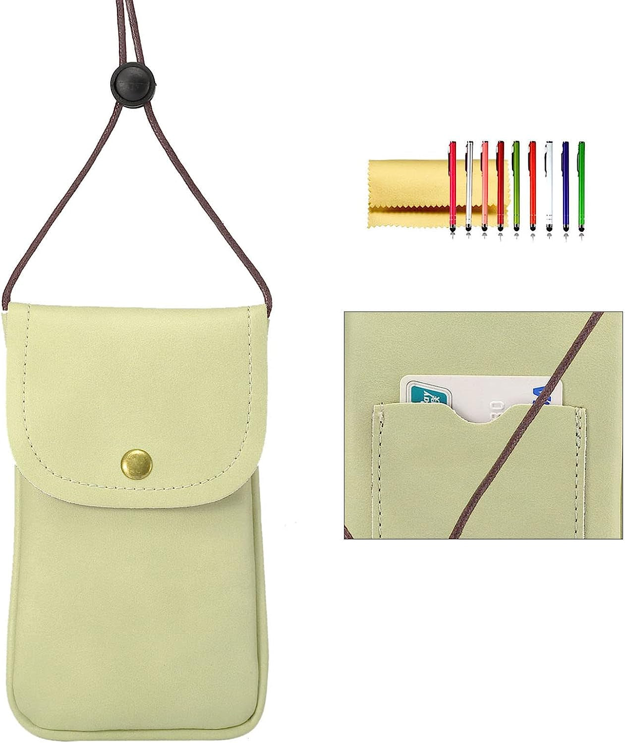 Cell Phone Neck Pouch, Techcircle PU Leather Carrying Bag with Credit Card Holder Adjustable Strap, Small Travel Purse for Iphone 11 XR XS Max SE 8 7 6 Plus, Galaxy S10 S7 Edge A10 J7, Moto G6 (Brown)  Techcircle 01 Green  