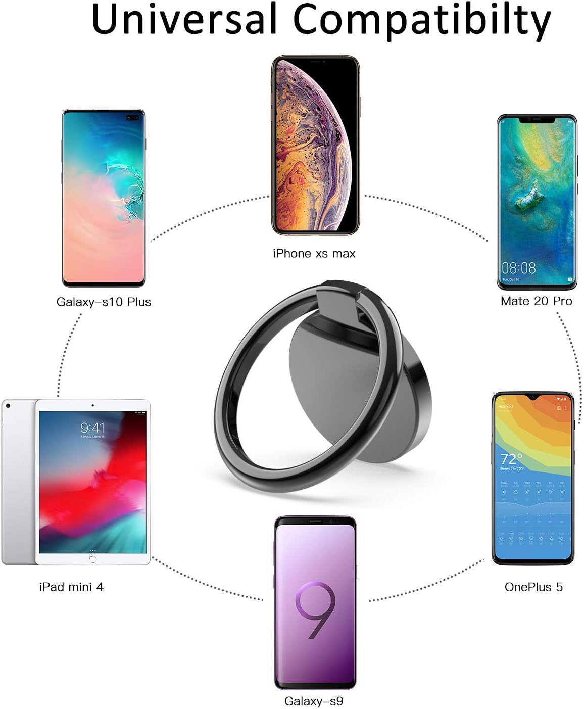 ICHECKEY Phone Ring Holder, Finger Ring Stand 360°Rotation Metal Phone Ring Grip Kickstand Compatible with All Smartphone, Ipad, Tablet - Gloss Black  ICHECKEY   