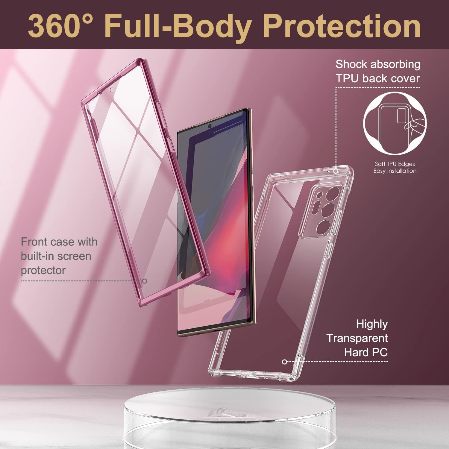SURITCH Clear Case for Samsung Galaxy Note 20 Ultra (Only) 6.9-Inch, [Built-In Screen Protector] Full Body Protection Bumper Shockproof Rugged Protective Phone Cover for 20 Ultra -(Dark Magenta)  SURITCH   