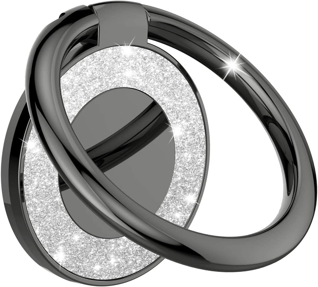 Cell Phone Ring Holder Finger Kickstand - Pikabo 360 Degree Rotation Metal Ring Grip for Magnetic Car Mount Compatible with Iphone, Samsung, All Smartphone. (Glitter Silver)  Pikabo Glitter Black  