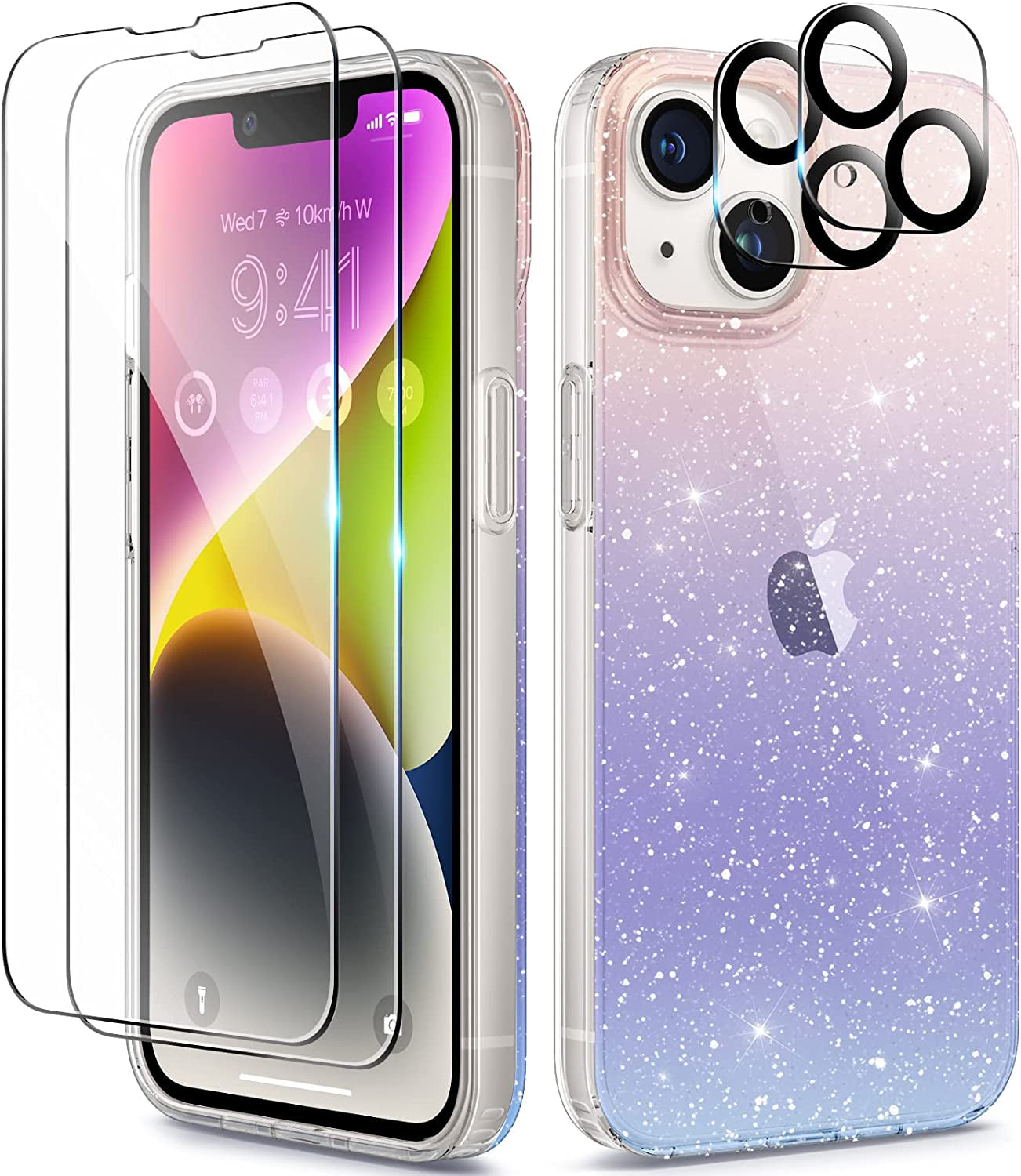 BERFY 5 in 1 for Iphone 14 plus Case Clear Glitter, with 2X Screen Protector + 2X Camera Lens Protector [Non-Yellowing] Cute Sparkle Bling Hard Shockproof Phone Case for Women Girls 6.7", Clear Blue  BERFY Gradient  