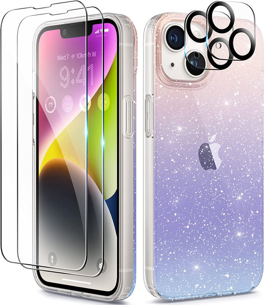 BERFY for Iphone 14 Case Glitter, with 2X Screen Protector + 2X Camera Lens Protector, [Not Yellowing] Sparkly Crystal Shockproof Hard Back Slim Protective Phone Cover for Women, 6.1" (Gradient)  BERFY Gradient iPhone 14 6.1 inch 