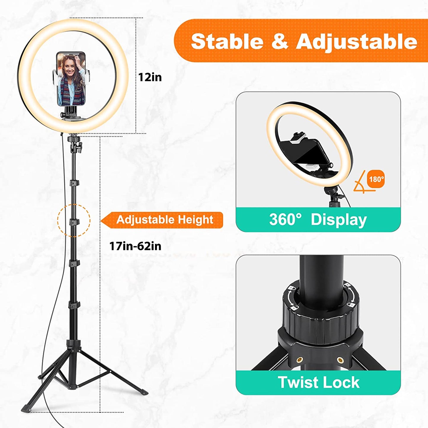 Ubeesize 12'' Ring Light with 62'' Selfie Stick Tripod, LED Ring Light with Stand and Phone Holder for Recording/Makeup/Youtube/Tik Tok, Compatible with Cell Phone, Camera  UBeesize   