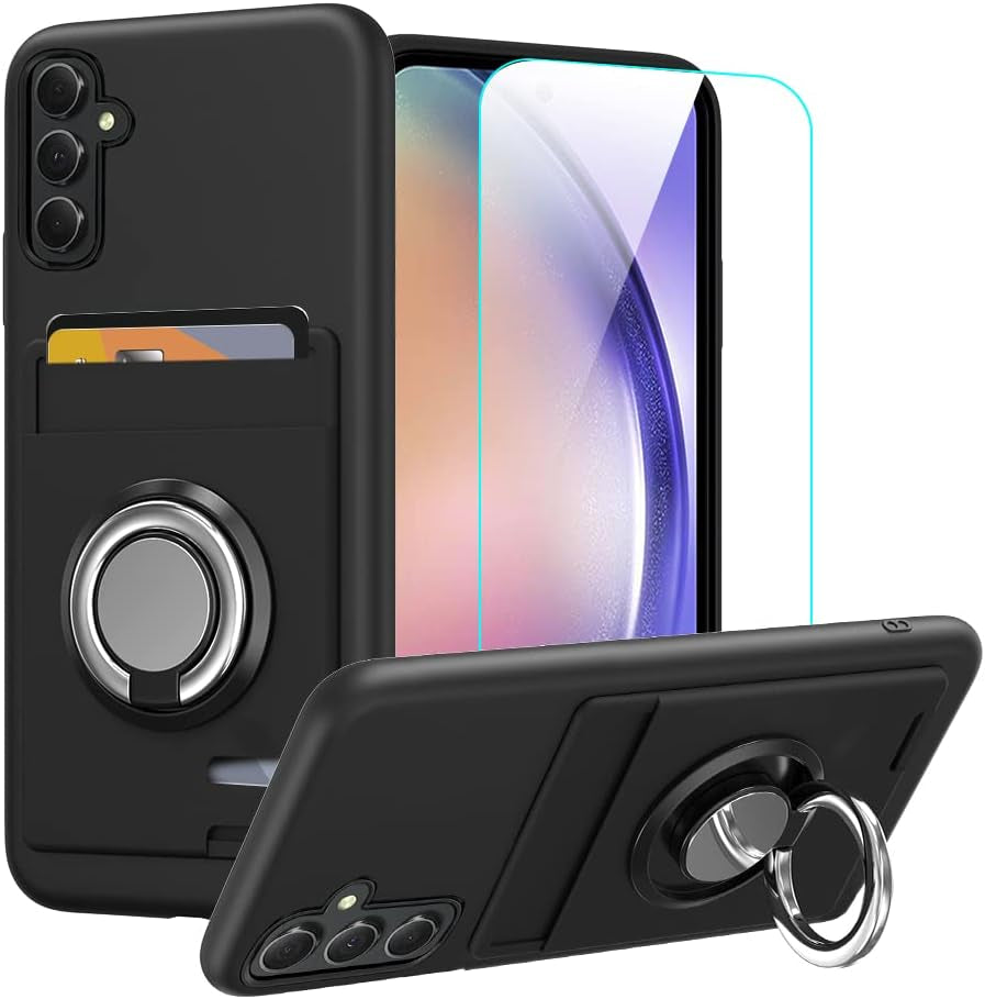 Anneey for Oneplus 11 5G Phone Case with Tempered Glass Screen Protector, Card Holder with Ring Stand Case for 1+ 11 5G Cover - Black  Anneey   