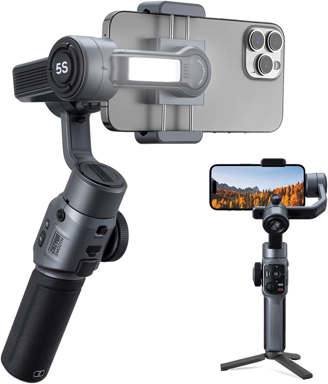 ZHIYUN Smooth 5S - 3-Axis Gimbal with Smart Follow, Gimbal Stabilizer for Iphone 14/13/12/11 Pro Max X and Android Phone, for Youtube Facebook Live Stream - Gray  ZHIYUN   