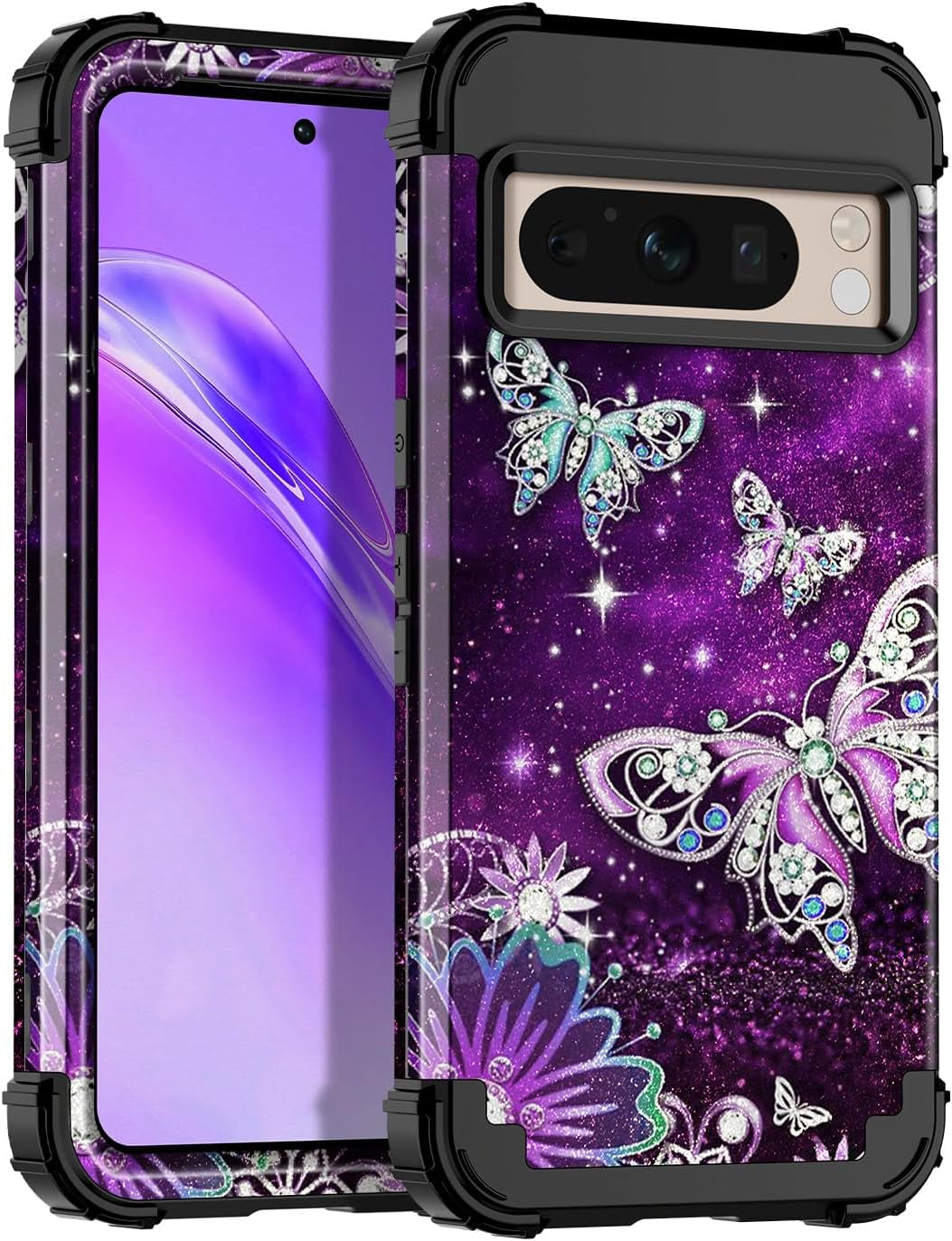 Rancase for Google Pixel 8 Pro Case,Three Layer Heavy Duty Shockproof Full Body Protection Hard Plastic Bumper+Soft Silicone Rubber Protective Girls Case for Google Pixel 8 Pro 6.7 Inch,Butterfly  Rancase   