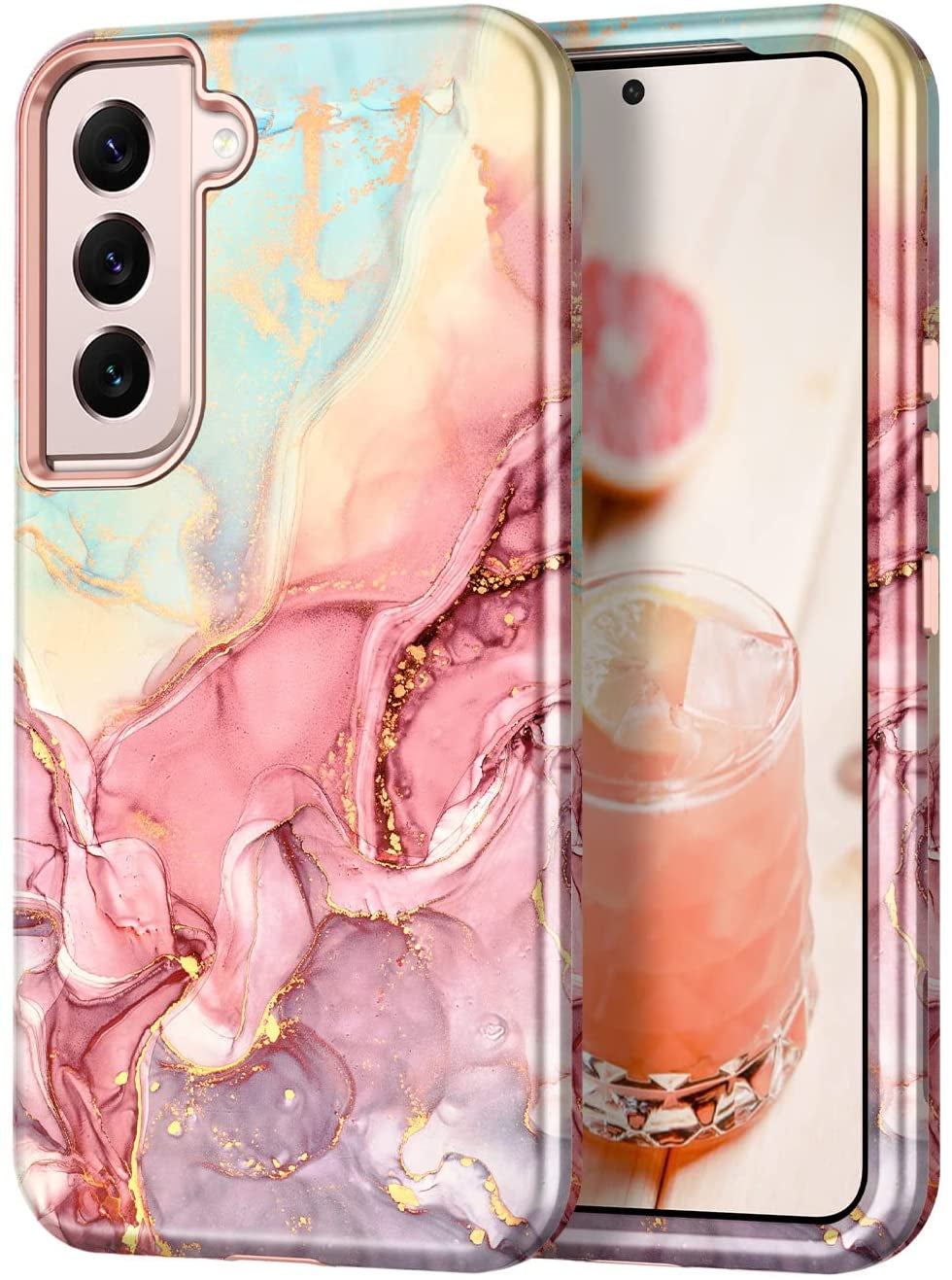 Btscase for Samsung Galaxy S22+/S22 plus 5G Case, Marble Pattern 3 in 1 Heavy Duty Shockproof Full Body Rugged Hard Pc+Soft Silicone Drop Protective Women Girl Covers for S22+/S22 Plus, Blue Gray  Btscase A-Rose Gold  