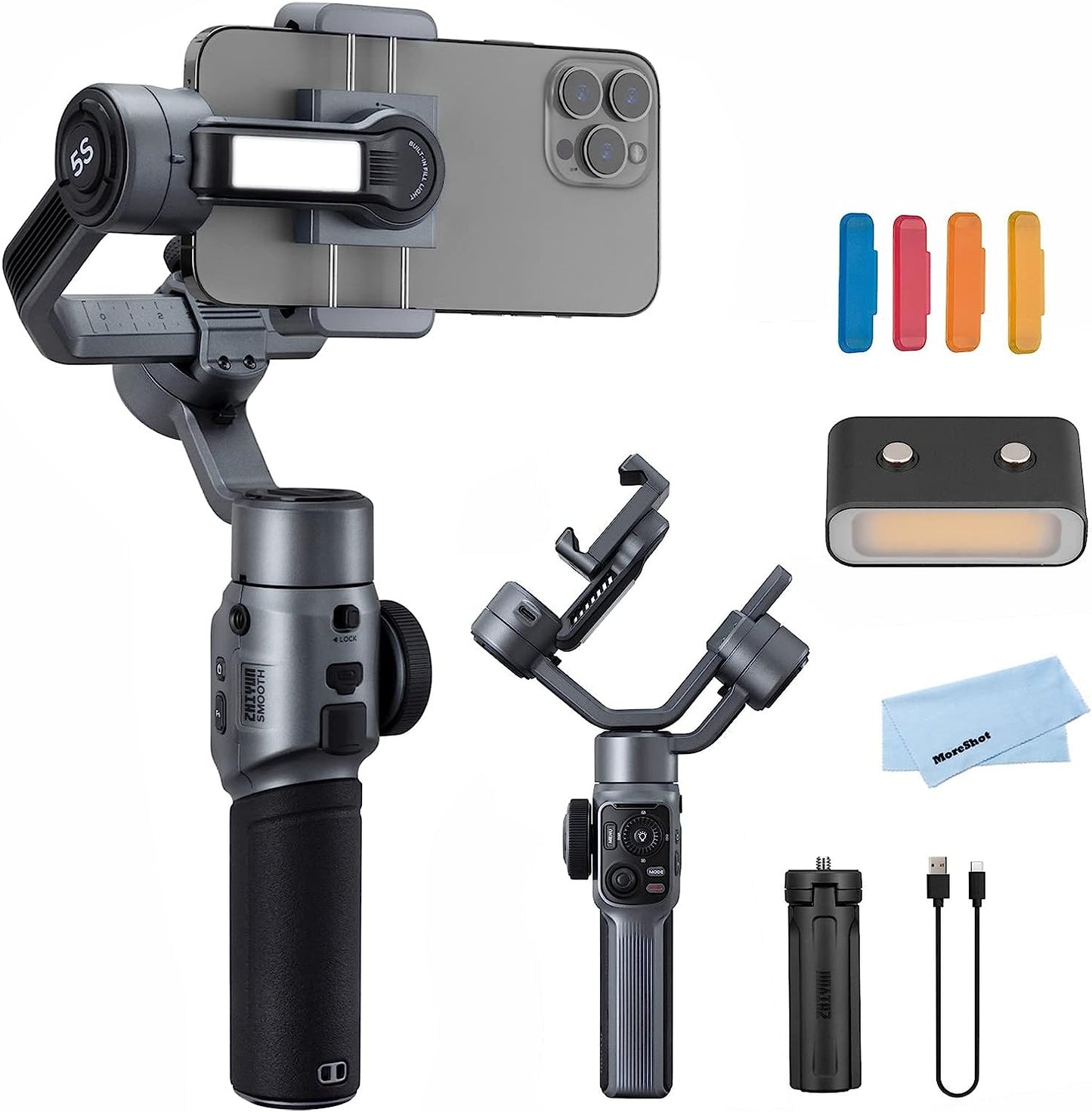 Zhiyun Smooth 5S Gray Gimbal Stabilizer for Smartphone Iphone 14 13 12 11 SE SR X 8 Pro Max plus Samsung Android for Youtube Tiktok Vlogging Zhiyun Smooth 5 Phone Gimbal Upgraded+1Pcs Mini LED Light  Zhiyun   