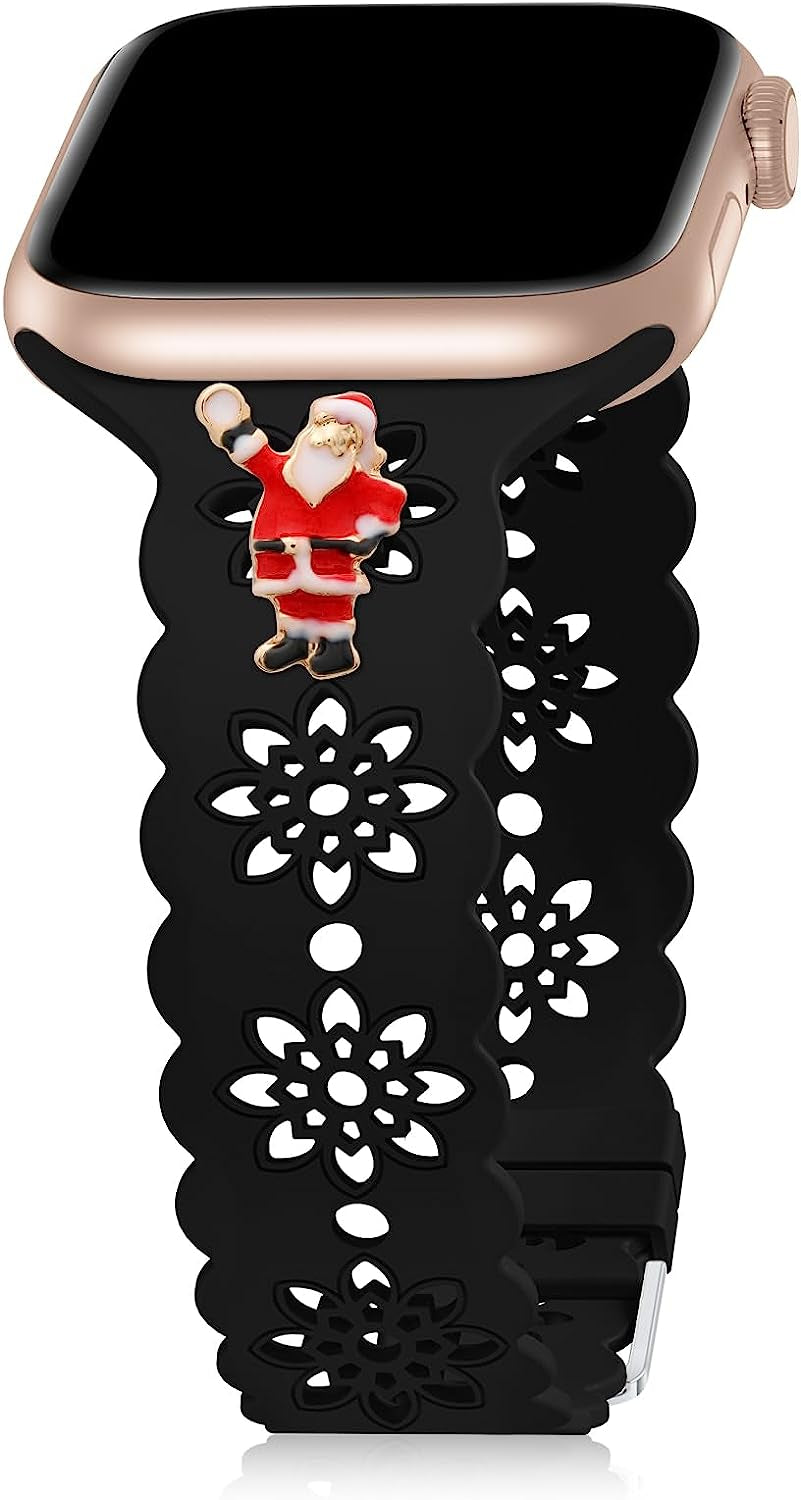 Floral Silicone Band Compatible with Apple Watch Bands 38Mm 40Mm 42Mm 44Mm 41Mm 45Mm 49Mm Women Men, Slim Hollow-Out Design Wristbands Soft Sport Breathable Watch Bands for Iwatch Ultra SE Series 8/7/6/5/4/3/2/1  Wewatri Black with Santa Claus Charms 38mm/40mm/41mm 