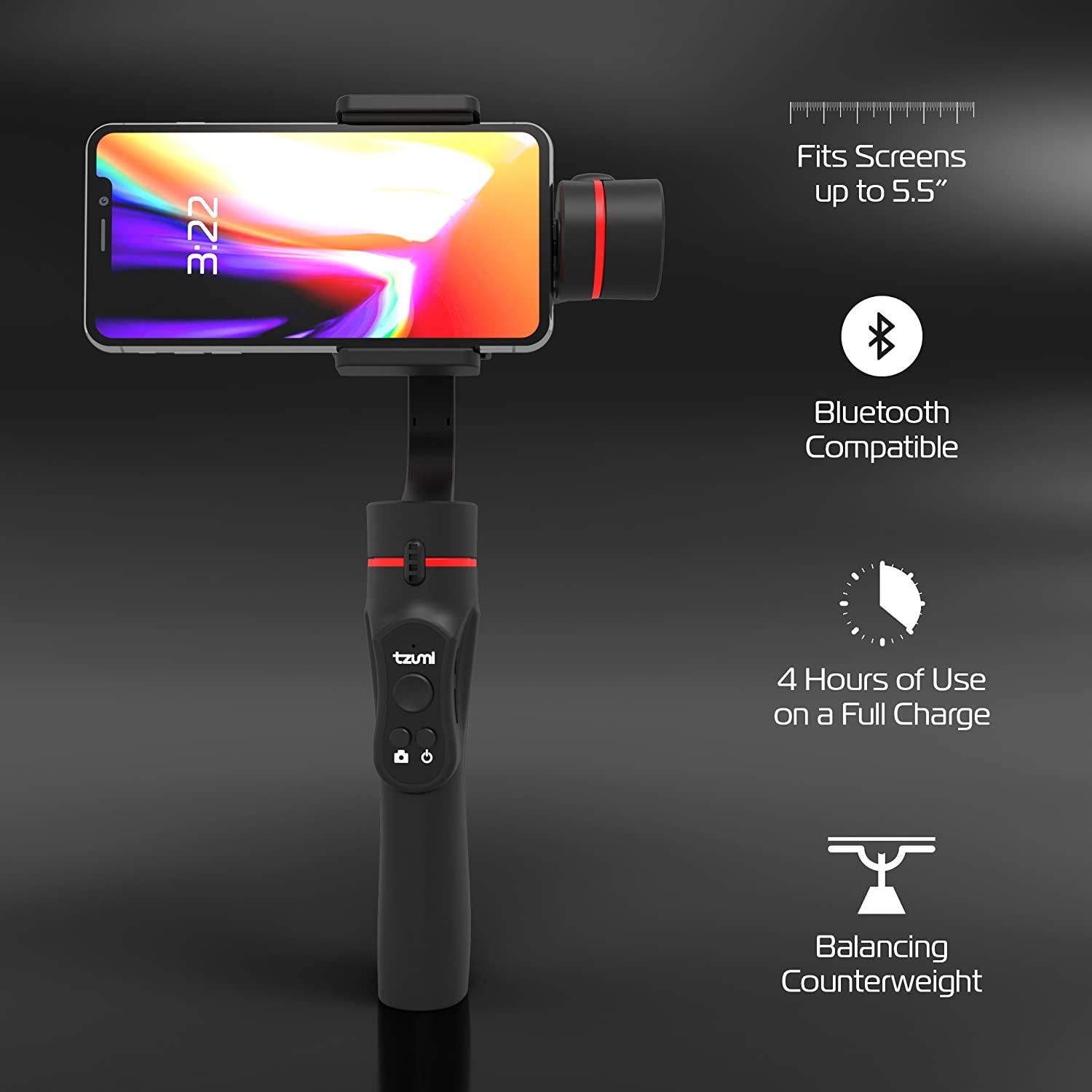 Tzumi Steadygo Smartphone Stabilizing Gimbal – Motorized Rechargeable 3-Axis Handheld Gimbal for Smooth, Steady Digital Photography and Advanced Video Filming Techniques, Black (5643AMZ)  DEEJAYLED   