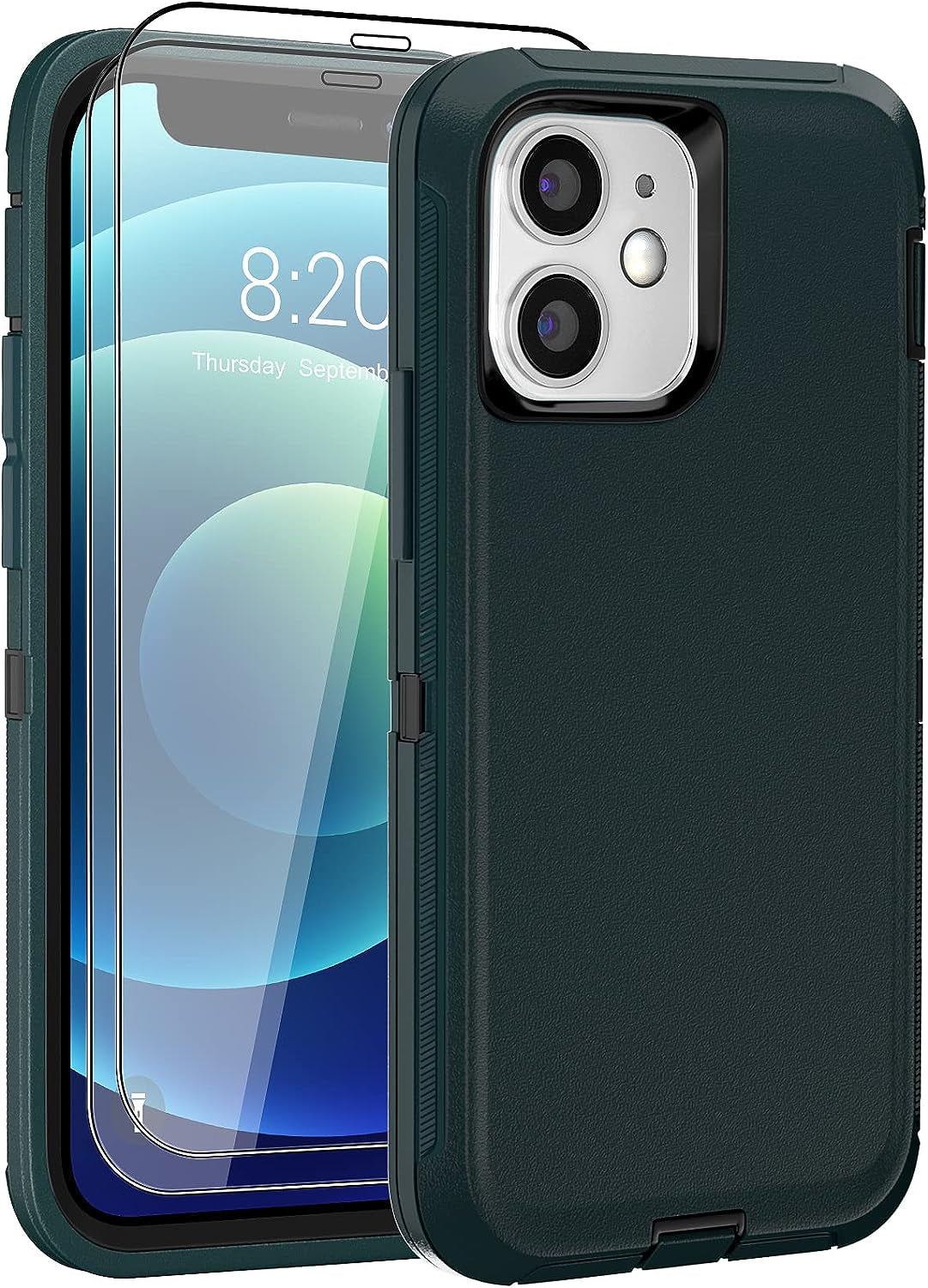 DHCALL for Iphone 12 Case & Iphone 12 Pro Case (6.1"), with 2 Tempered Glass Screen Protector,Belt Clip Holster, [Full Body Drop Protection] Shockproof Tough Durable 6.1 Inch（Black Green+Clip）  DHCALL   