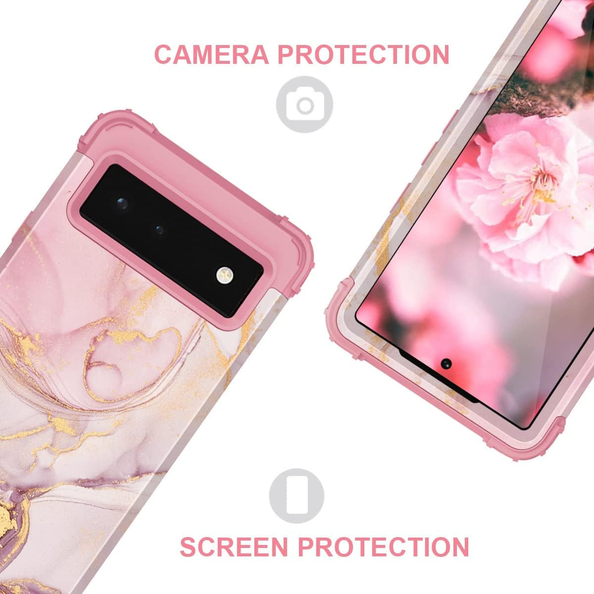 Pixel 6 Case,Google Pixel 6 Case,Casewind Marble Design Rose Gold Girl Women 3 in 1 Hard PC Soft TPU Silicone Rugged Bumper Heavy Duty Hybrid Shockproof Anti-Scratch Protective Cover for Pixel 6,6.4"  Casewind   