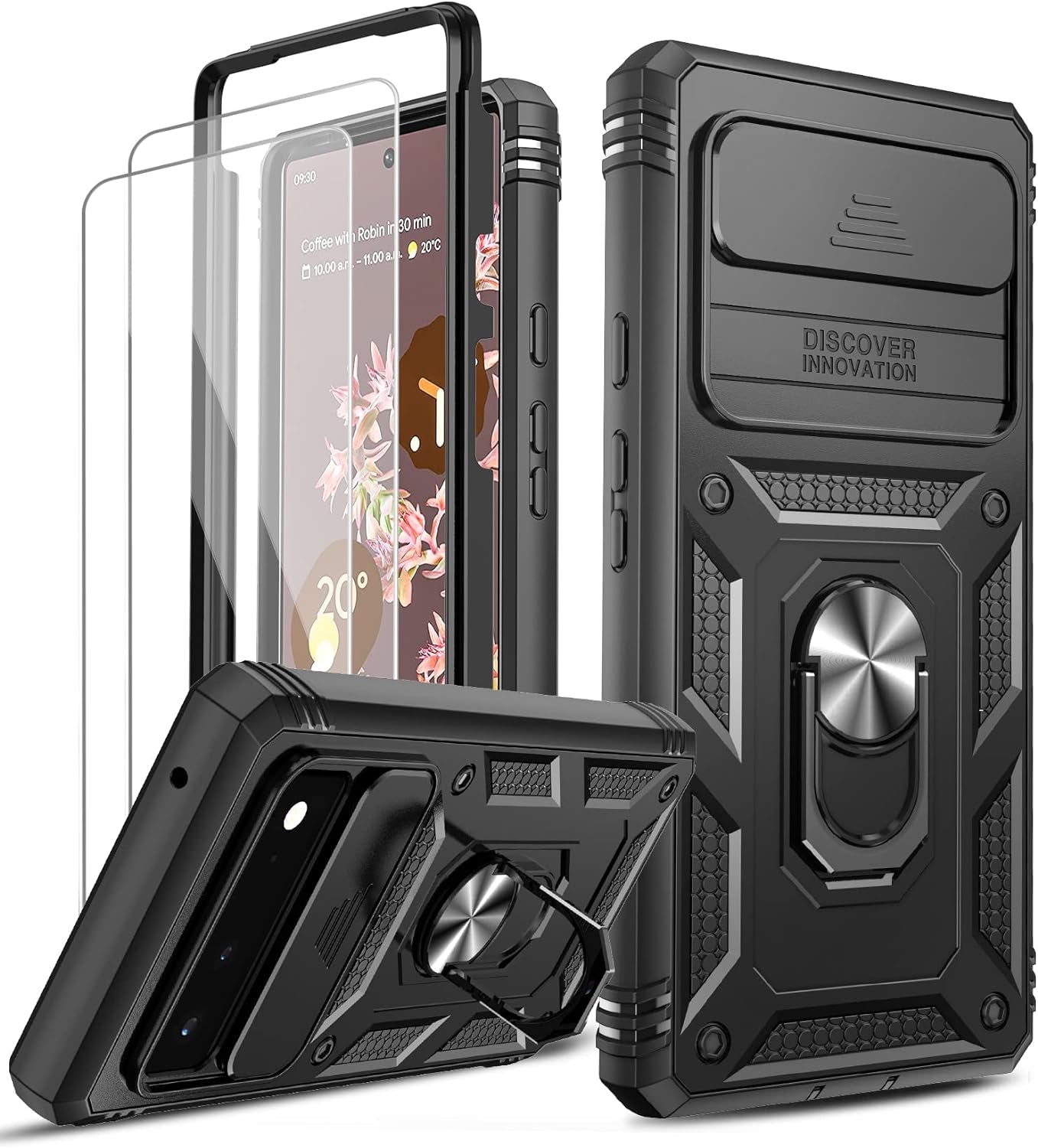 Leyi for Google Pixel 6 Case: Case for Pixel 6 with Slide Camera Cover + [2 Packs] Tempered Glass Screen Protector, 360 Full Body Military-Grade Phone Case with Kickstand for Google Pixel 6, Pink  LeYi Black Google Pixel 6 