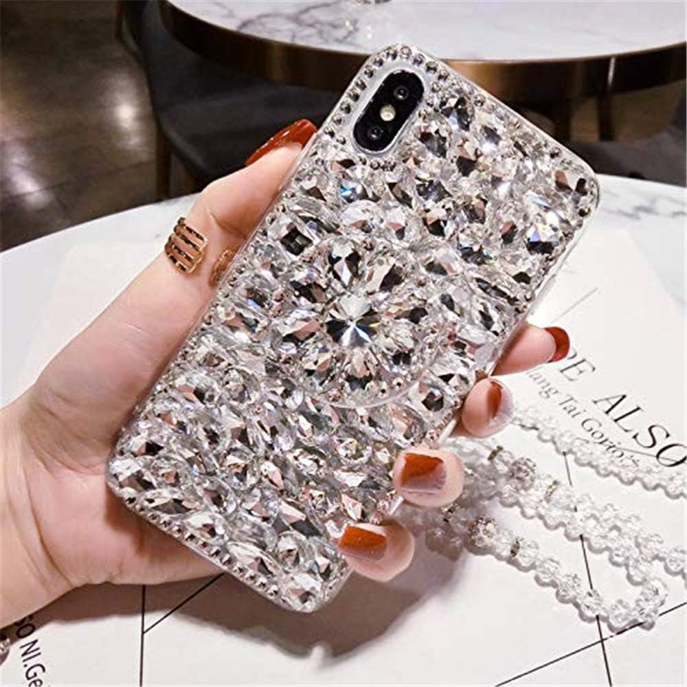 Diamond Kickstand Case for LG V30,3D Handmade Luxury Sparkle Stunning Stones with Crystal Strap Bling Diamond Glitter Case for LG V30/ V30S/ V35/ G6 Fit(White)  RB-CASE   