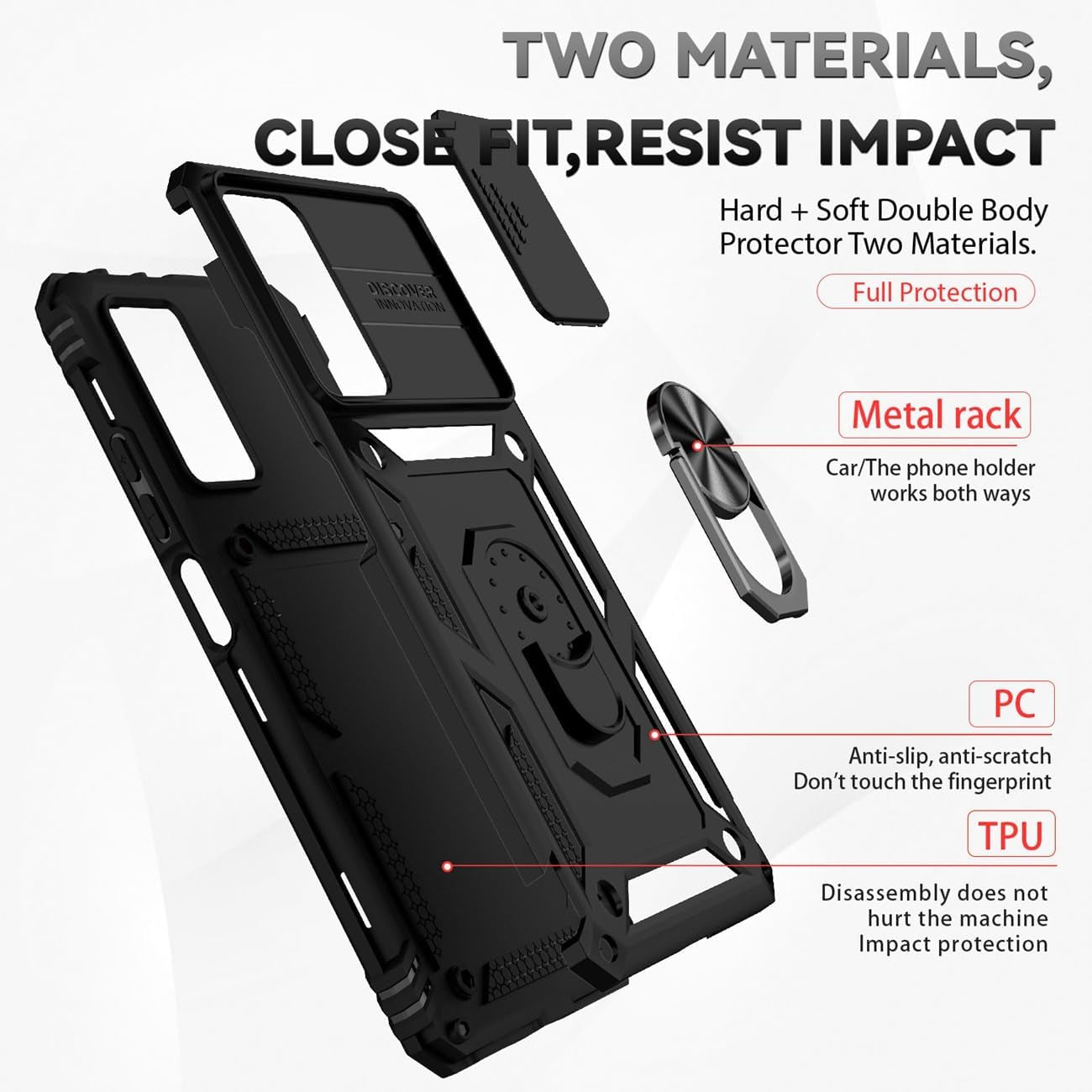 Yodueiv for Redmi Note 11 Pro 4G/5G/Redmi Note 11E Pro Case with Tempered Glass Screen Protector and Slide Camera Cover, Magnetic Ring Car Mount Holder Cover for Xiaomi Redmi Note 11 Pro 5G Black  Yodueiv   