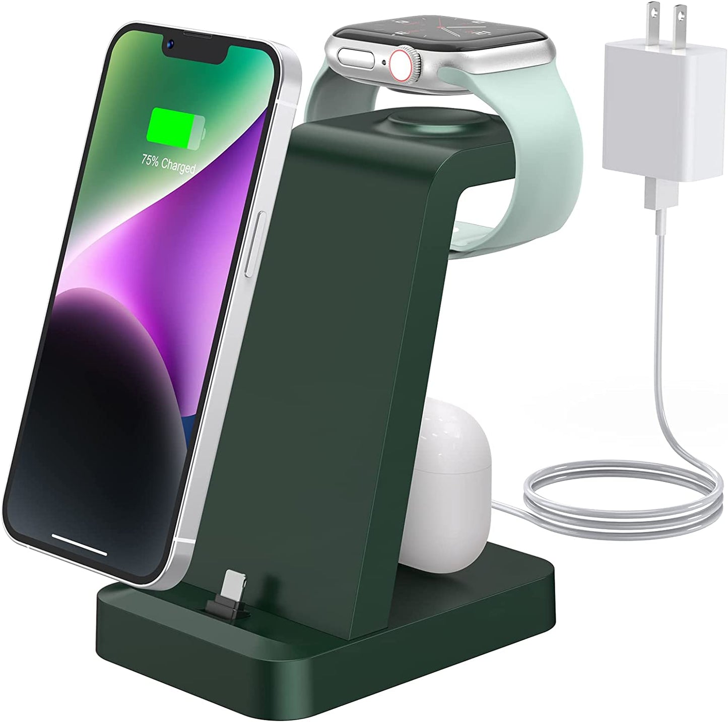Charger Station for Iphone Multiple Devices - 3 in 1 Fast Wireless Charging Dock Stand for Apple Watch Series 7 6 SE 5 4 3 2 & Airpods Iphone 14 13 12 11 Pro X Max XS XR 8 7 plus 6S 6 with Adapter  Shenzhen GTL Technology Co., Ltd. Green  