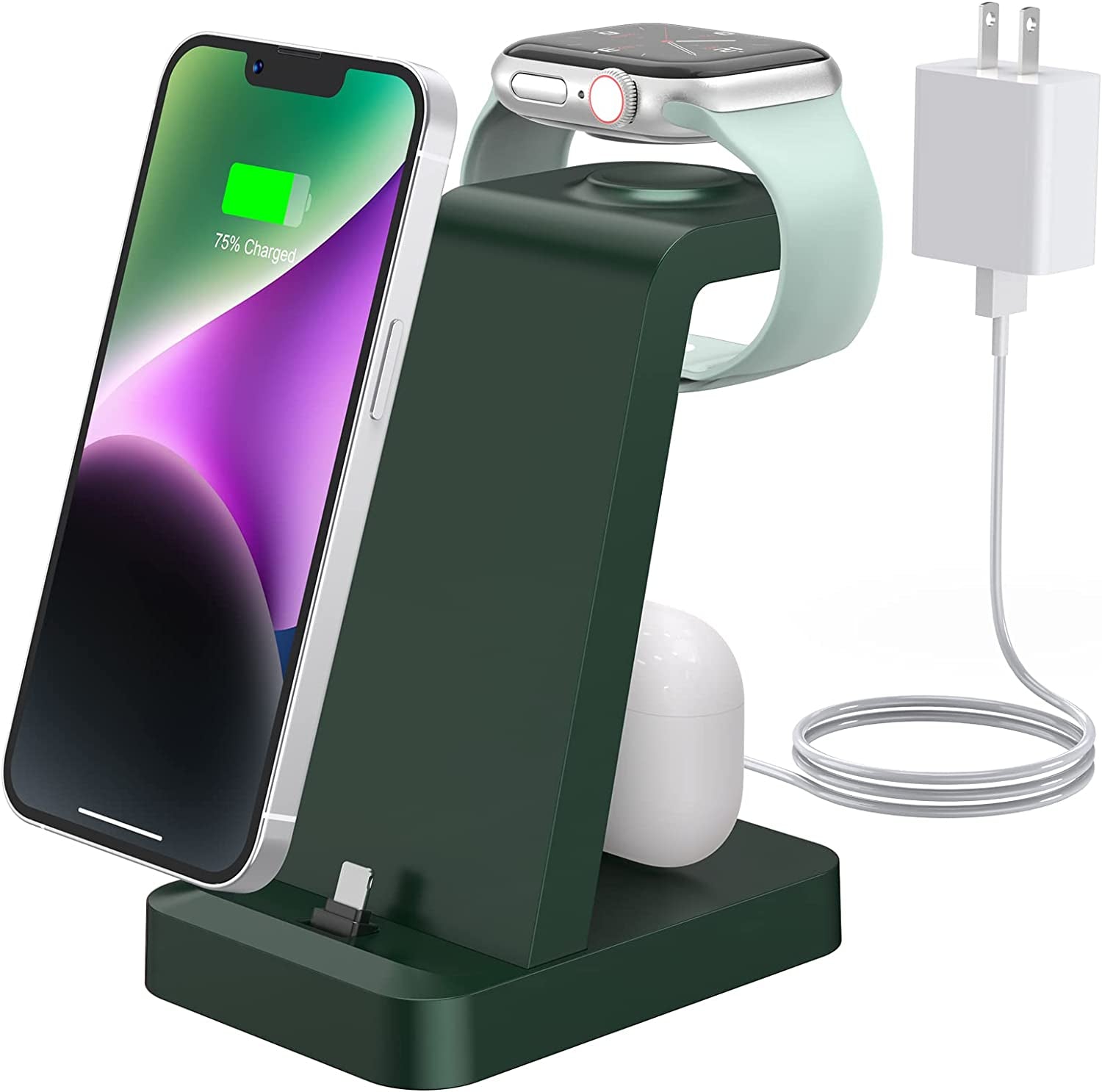 Charger Station for Iphone Multiple Devices - 3 in 1 Fast Wireless Charging Dock Stand for Apple Watch Series 7 6 SE 5 4 3 2 & Airpods Iphone 14 13 12 11 Pro X Max XS XR 8 7 plus 6S 6 with Adapter  Shenzhen GTL Technology Co., Ltd. Green  
