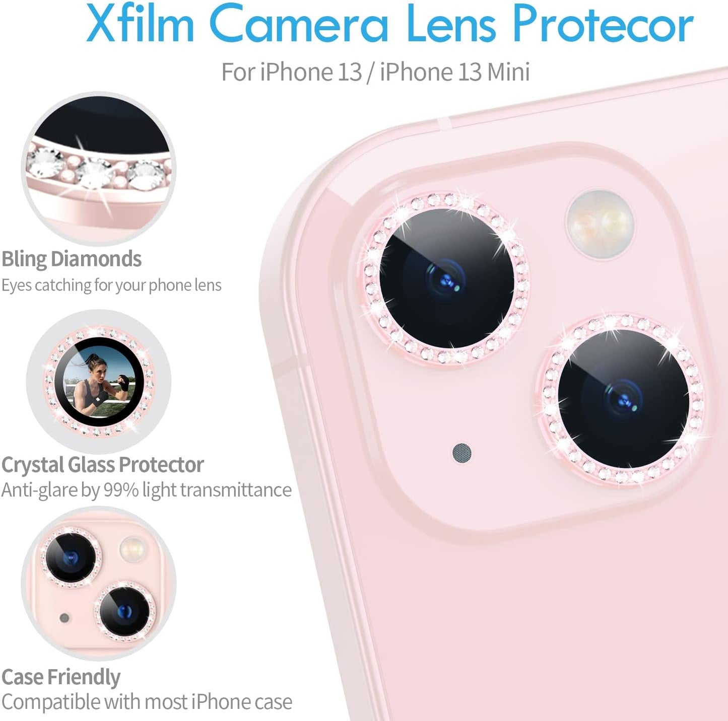 Xfilm Bling Diamond Camera Lens Protector for Iphone 13 / Iphone 13 Mini, HD Clear Tempered Glass Camera Lens Screen Protection Cover, Case Friendly, Scratch Proof (Diamond Pink)  Xfilm   