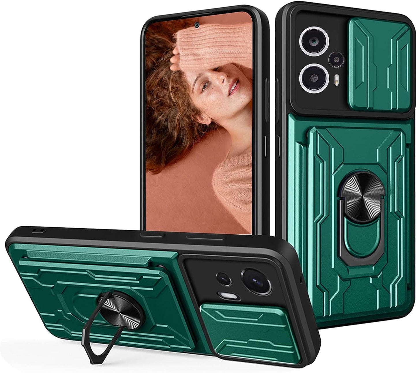 Tncavo for Xiaomi Poco F5 Case with Card Holder, Military Grade Shockproof Heavy Duty Protective with Rotating Ring Kickstand & Camera Cover for Xiaomi Redmi Note 12 Turbo LJ Black  Tncavo Green Full 