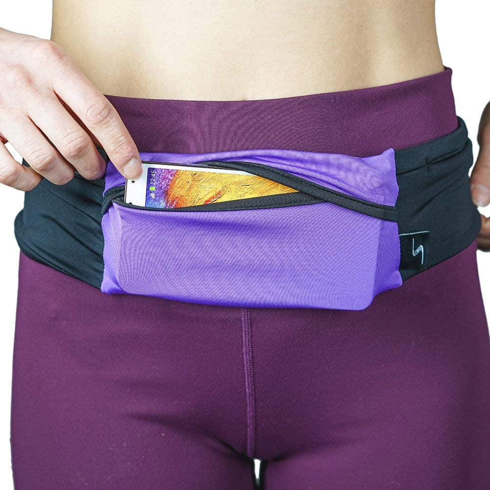 3 Pocket Adjustable Running Belt Waist Pack, Fanny Pack for Working Out with Sweat Resistant Backing, Holds All Iphone Models  Sprigs Purple/Black Small/Medium 