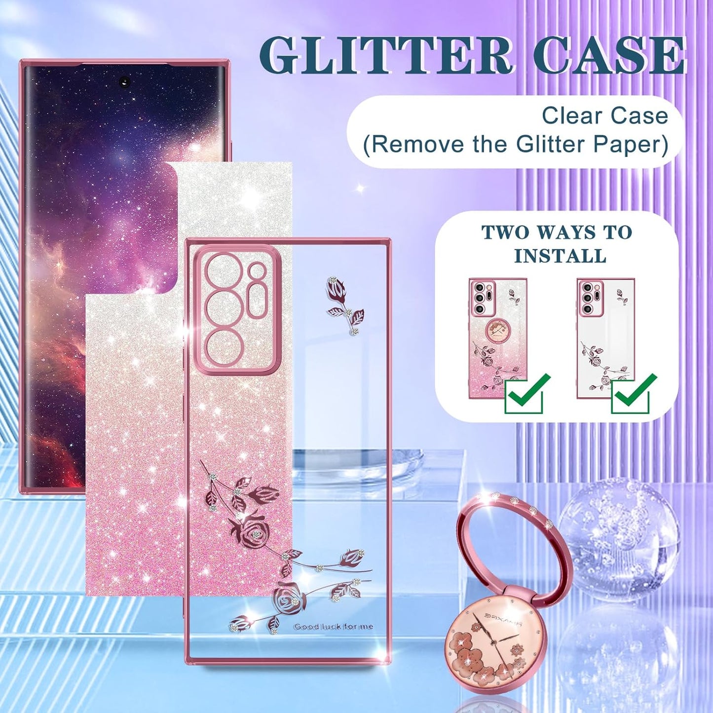 Coralogo (3In1 for Samsung Galaxy Note 20 Ultra Case Glitter Sparkly for Women Girls Bling Shiny Phone Cover Cute Flowers Floral Unique Design with Ring Pretty Cases for Galaxy Note 20 Ultra 5G 6.9''  Coralogo   