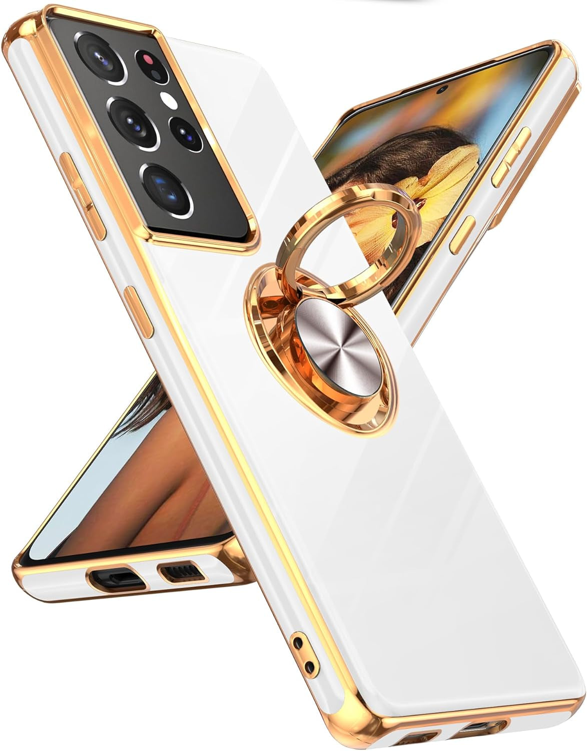 Leyi for Samsung Galaxy S21 plus Case 360° Rotatable Ring Holder Magnetic Kickstand, Plating Rose Gold Edge Protective Case, Grey  LeYi White Samsung Galaxy S21 Ultra 