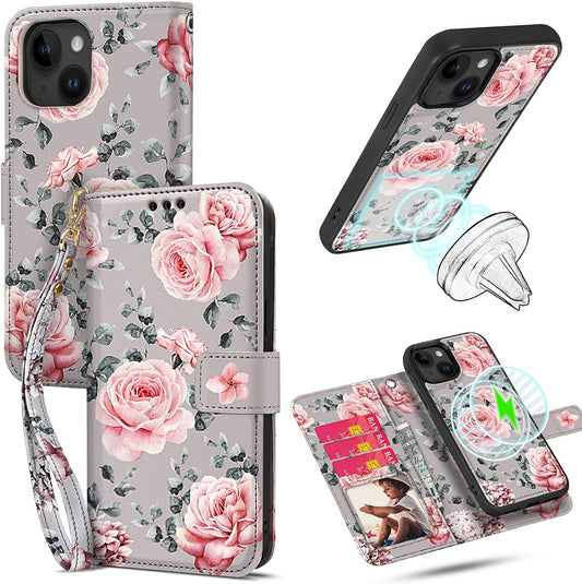 HOGGU Iphone 14 plus Case Wallet [Compatible with Magsafe] Magnetic Detachable Floral Flip PU Leather Case with Card Holder RFID Blocking, Hand Strap, Iphone 14 plus Wallet Case for Women Girls-Gray  HOGGU   