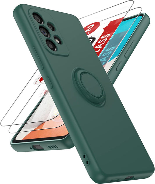 Leyi for Samsung Galaxy A53 5G Case with Tempered Glass Screen Protector [2 Pack], Soft Liquid Silicone Full Body Protective Phone Case with Ring Kickstand, Soft Case for Girls Women, D-Green  LeYi   