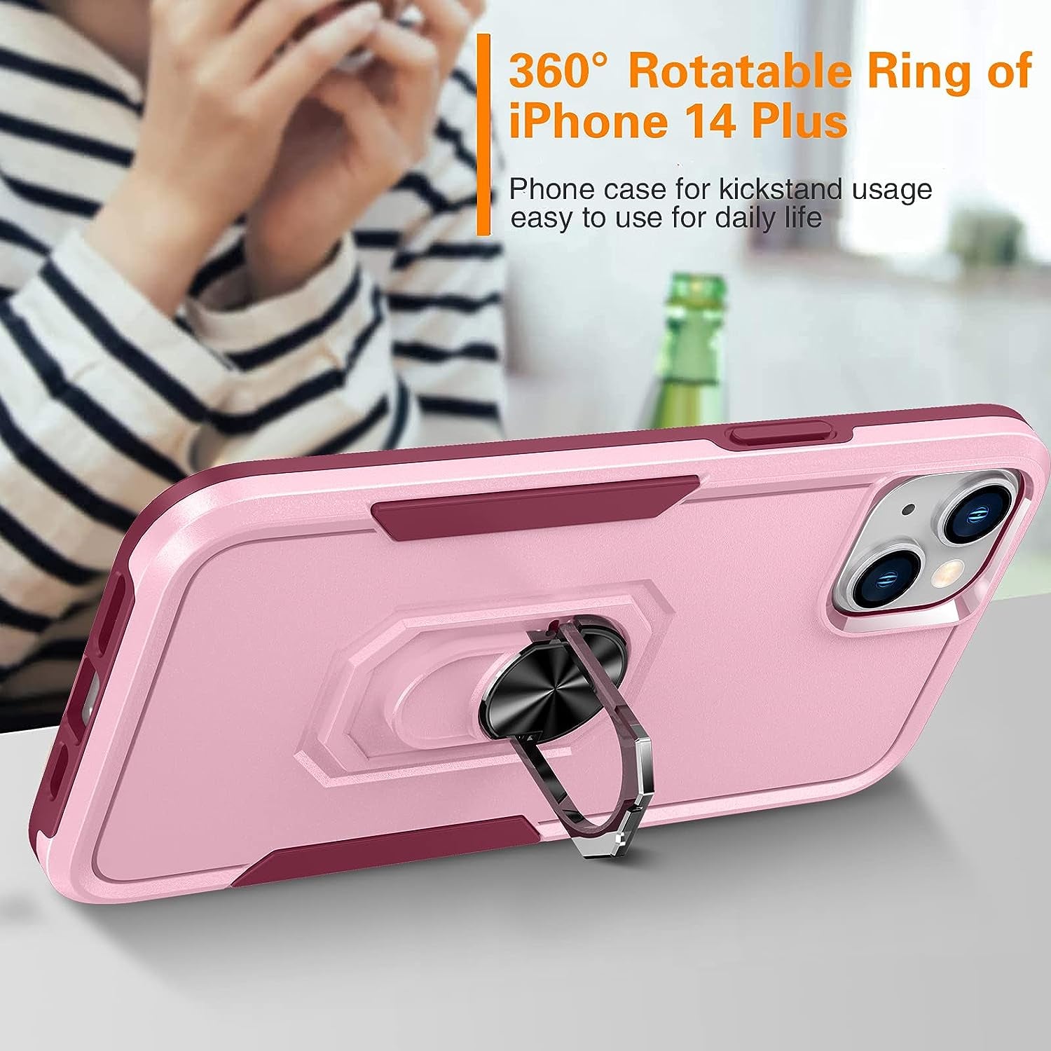 Oterkin for Iphone 14 plus Case, [4 in 1] Iphone 14 plus Phone Case with [2Pcs 9H HD Tempered Glass Screen Protectors][360°Rotatable Stand Ring][10Ft Military Grade] Case for Iphone 14 plus (Pink)  Oterkin   