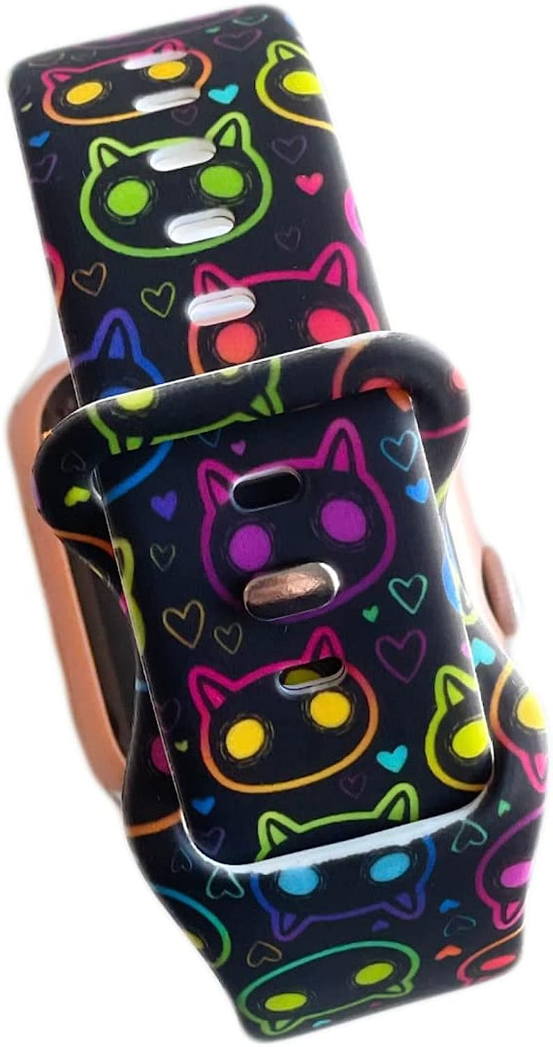 Rainbow Cats on Black Smart Watch Band for Apple Watch Series 1, 2, 3, 4, 5, 6, 7, 8, Model 38Mm/40Mm/41Mm/42Mm/44Mm/45Mm/49Mm, Active Sport Watch Band for Men and Women  Tweedle Dee Designs   
