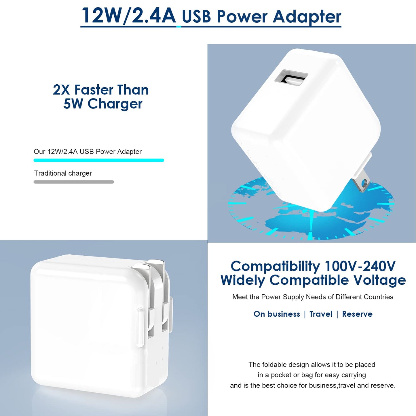 Ipad Charger, Iphone Charger [Apple Mfi Certified] 12W USB Wall Charger Foldable Portable Travel Plug with 6.6FT Lightning Cable Compatible with Iphone, Ipad, Ipad Mini 1/2/3/4/5, Ipad Air 1/2/3  GOOD EVER TRADING LTD   
