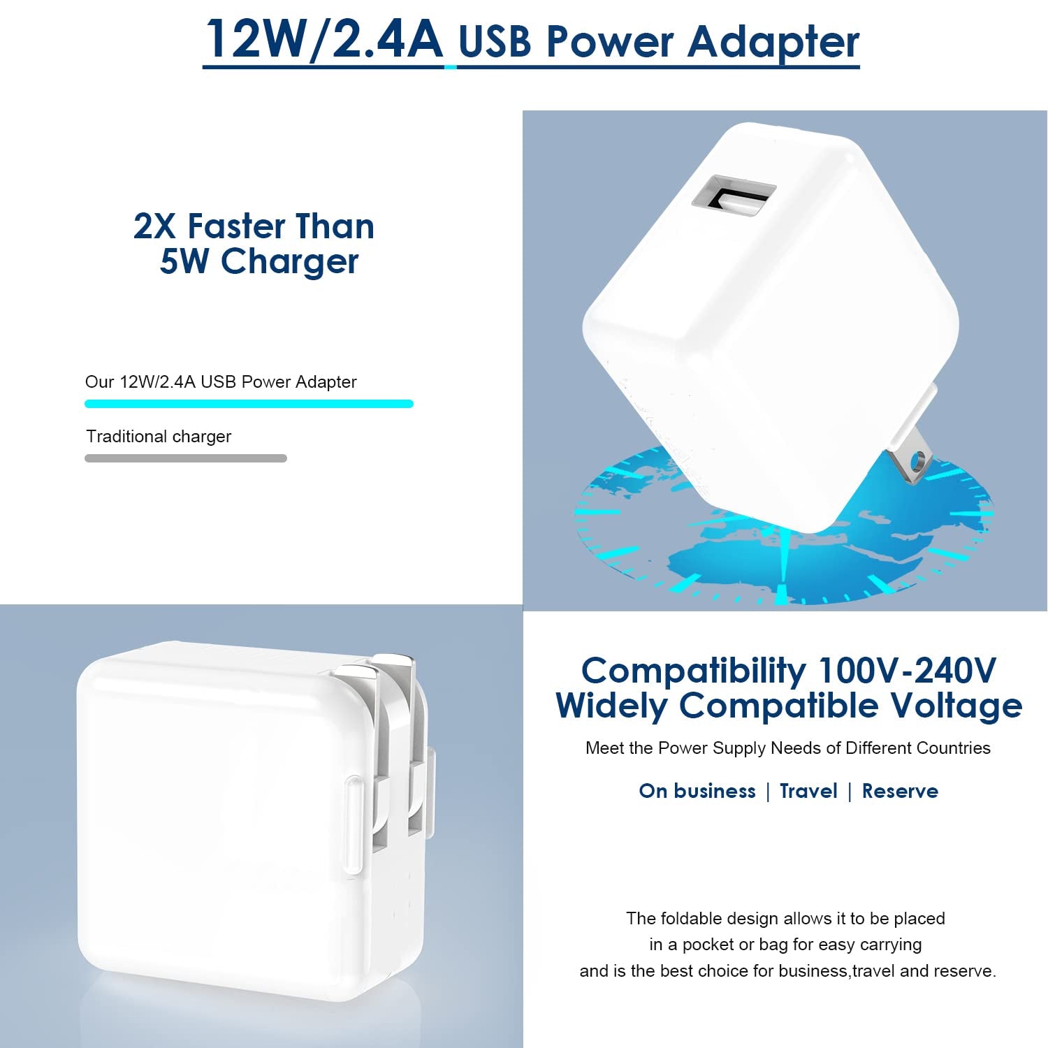 Ipad Charger, Iphone Charger [Apple Mfi Certified] 12W USB Wall Charger Foldable Portable Travel Plug with 6.6FT Lightning Cable Compatible with Iphone, Ipad, Ipad Mini 1/2/3/4/5, Ipad Air 1/2/3  GOOD EVER TRADING LTD   