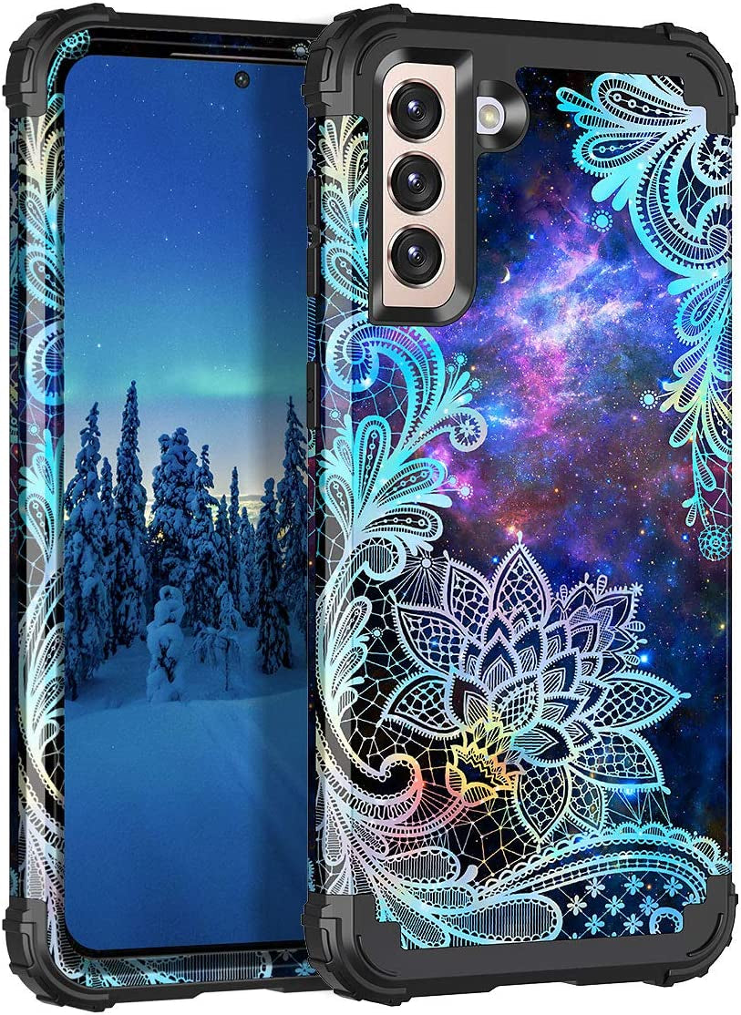 Casetego for Galaxy S21 5G Case,Floral Three Layer Heavy Duty Sturdy Shockproof Soft Tpu+Hard PC Protective Cover Case for Samsung Galaxy S21 5G 6.2 Inch,Orange/Black  Casetego Blue Mandala  