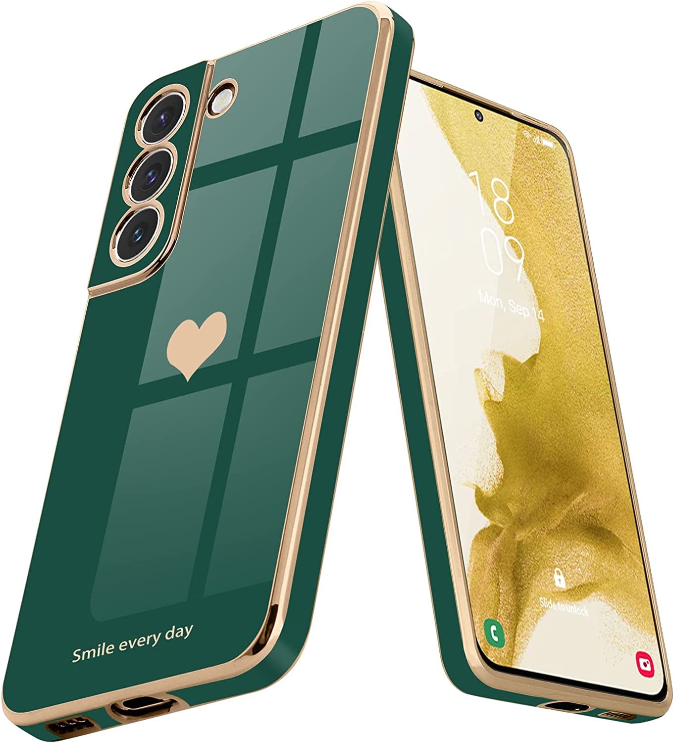 Teageo for Samsung Galaxy S22 5G Case for Women Girl Cute Love-Heart Luxury Bling Soft Back Cover Raised Full Camera Protection Bumper Silicone Shockproof Phone Case for Galaxy S22 5G, Bright Blush  janzee Darkish Green Samsung Galaxy S22 5G 