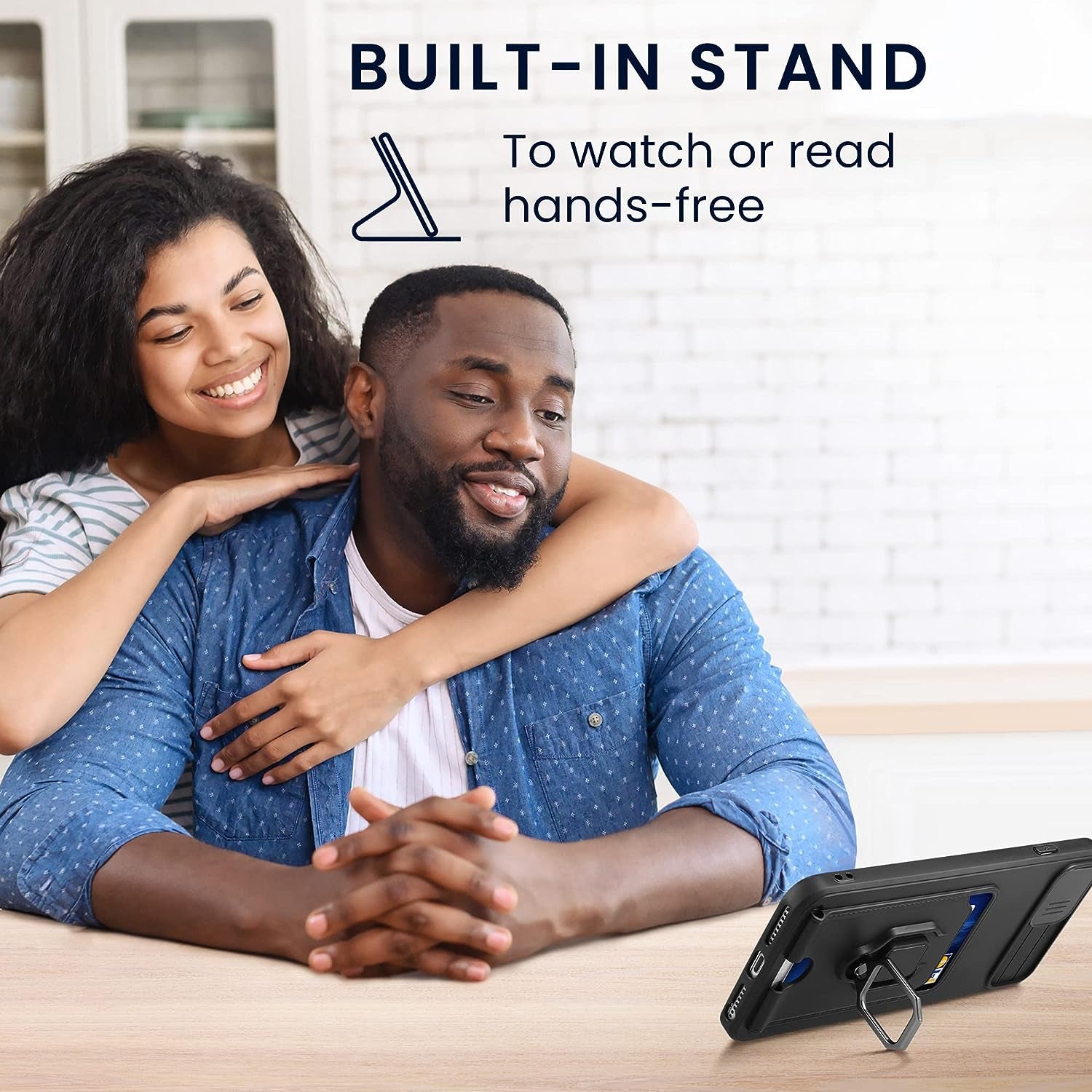 Kwmobile Plastic Case Compatible with Xiaomi Redmi 12C - Case with Metal Stand Card Slot Finger Holder - Black  KW-Commerce   