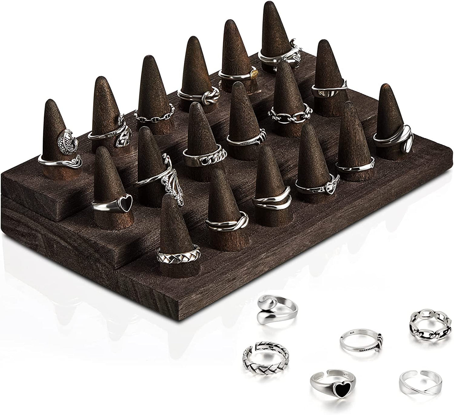Juexica 18 Fingers Wood Ring Display Wooden Finger Ring Stand Ring Display for Selling Jewelry Display Holder Showcase for Ring Organizer Jewelry Show Storage  Juexica Black Gray  