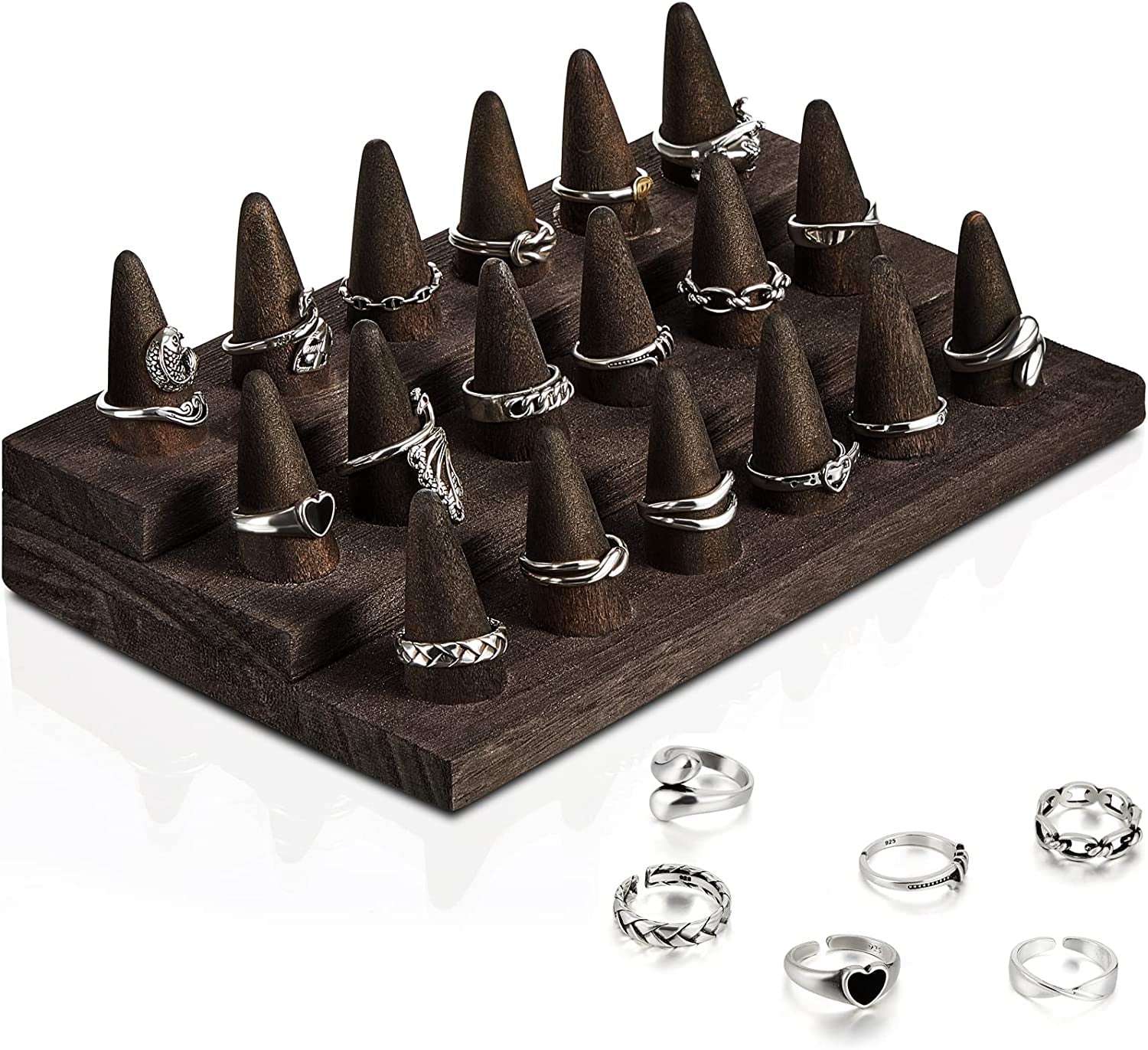 Juexica 18 Fingers Wood Ring Display Wooden Finger Ring Stand Ring Display for Selling Jewelry Display Holder Showcase for Ring Organizer Jewelry Show Storage  Juexica Black Gray  