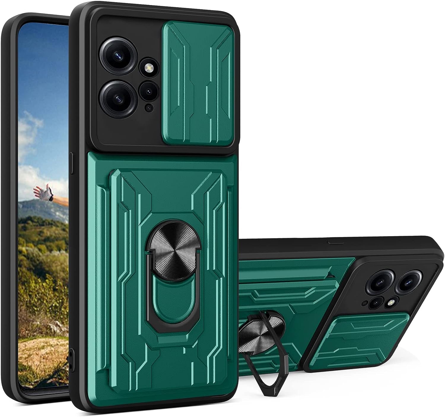 Ysnzaq Military Heavy Duty Shockproof Case for Xiaomi Redmi Note 12 4G (Not 5G), Sliding Window Lens Protective Phone Cover with Card Slot for Xiaomi Redmi Note 12 4G LJ Green  Ysnzaq   