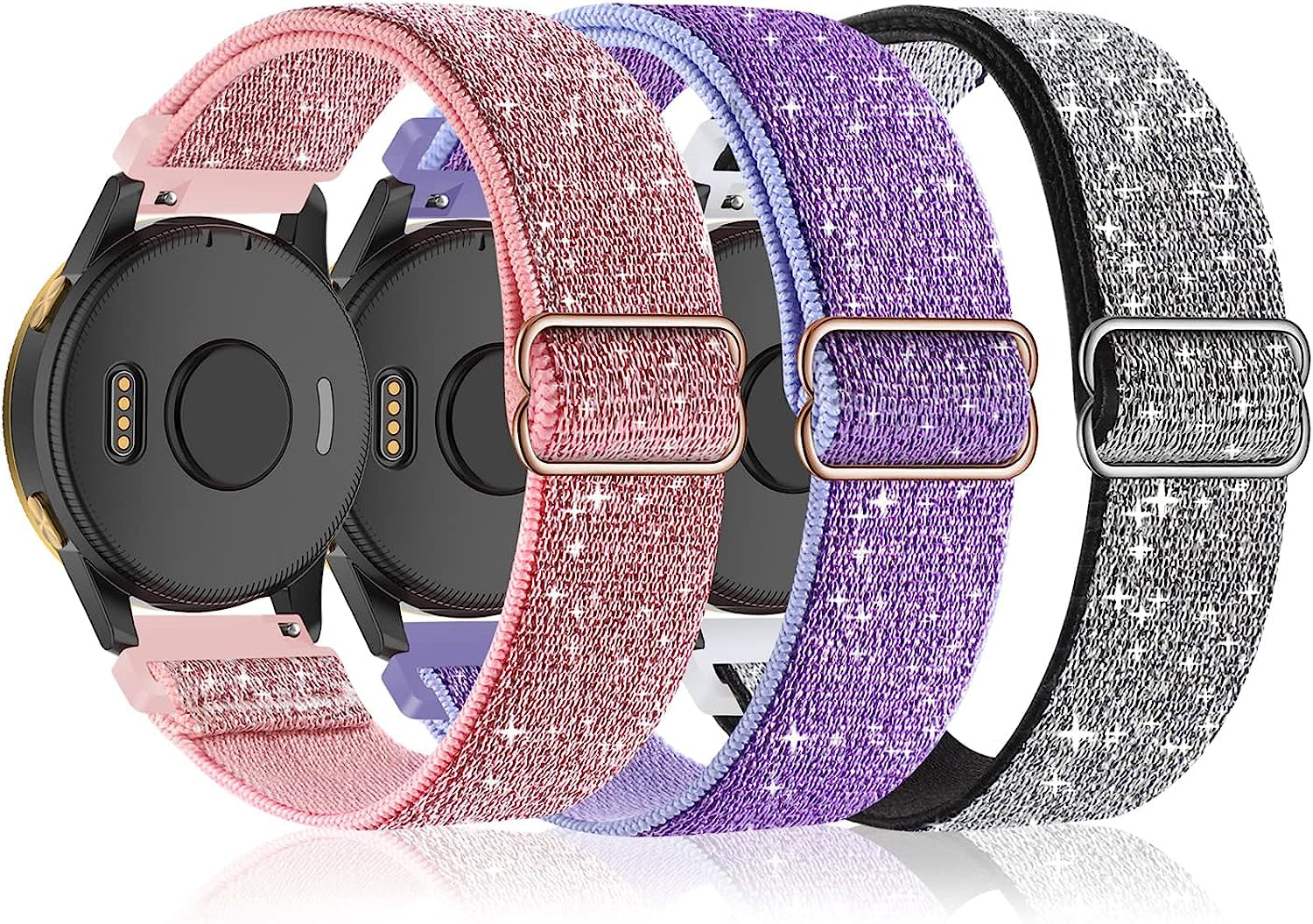 3 Pack Stretchy Nylon Watch Bands Compatible with Garmin Venu/Venu Sq, 20Mm Loop Elastic Straps for Garmin Vivoactive 3,Venu 2 Plus,Vivoactive 3 Music,Forerunner 645/55/245 Music for Women Men.  bolesi Purple/Pink/Silver  