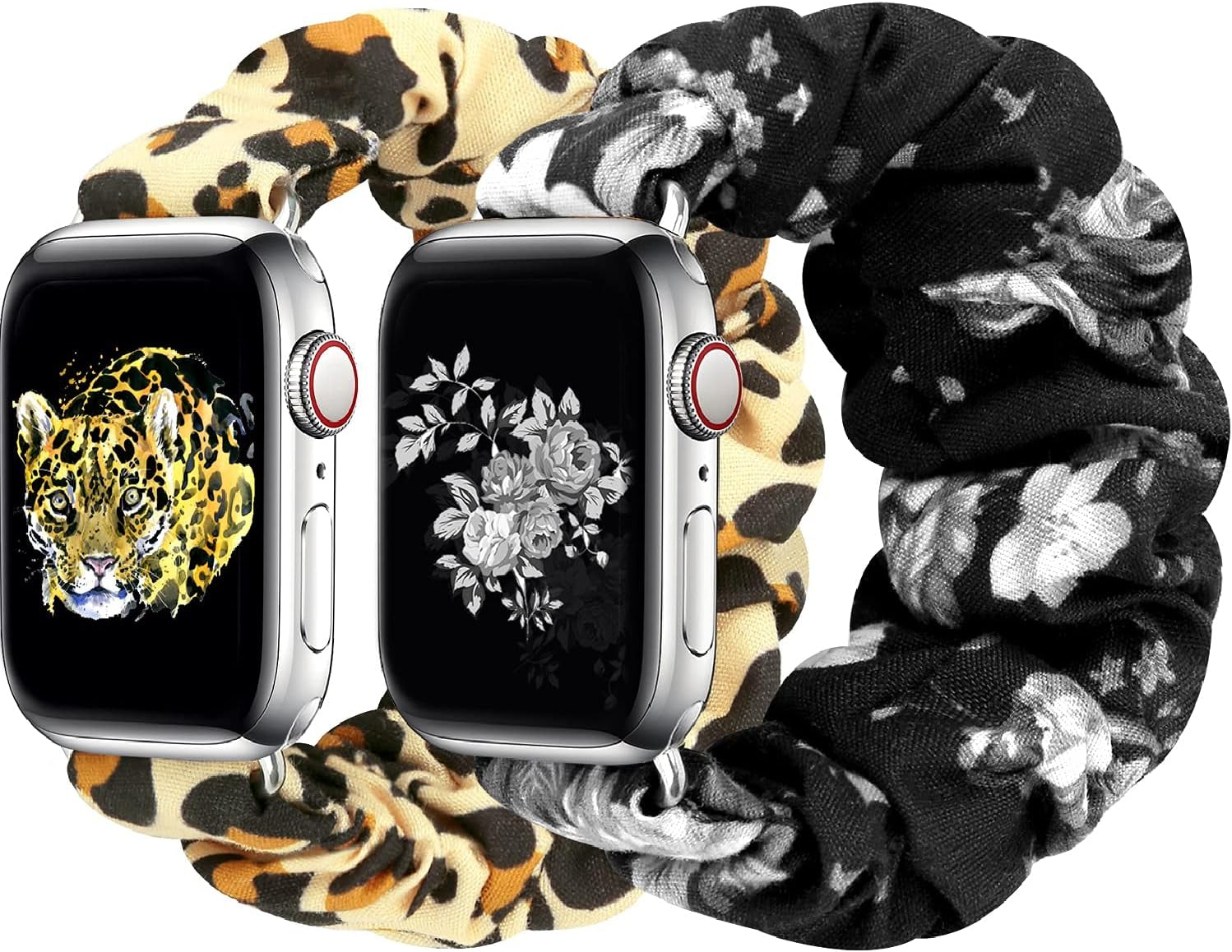 Greatfine Compatible for Apple Watch Band Scrunchie 38Mm 40Mm 41Mm 42Mm 44Mm 45Mm,Soft Elastic Scrunchie Watch Bands,With Iwatch Series 8 7 6 SE 5 4 3 2 1 Ultra,Replacement Wristband for Women(S/M)  HSELE 2PC-Leopard + Black Rose 42mm/44mm/45mm-S/M 
