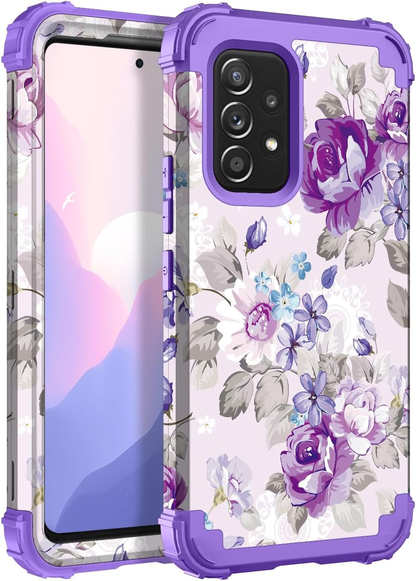 Hocase for Galaxy A53 5G Case, Heavy Duty Shockproof Protection Soft Silicone Rubber Bumper+Hard Plastic Hybrid Protective Case for Samsung Galaxy A53 5G (6.5" Display) 2022 - Blue Purple Marble  Hocase Lavender Flowers  