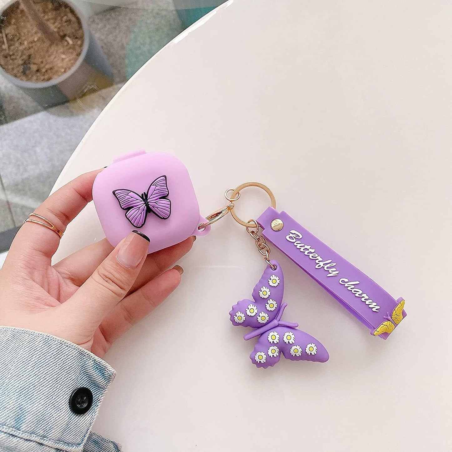 Compatible with Samsung Galaxy Buds Pro/Galaxy Buds Live Case with Butterfly Keychain, Protective Silicone Kids Teens Girls Women Funny Kawaii Fashion 3D Cute Cover for Galaxy Buds Pro/Live - Purple  Moydolo   