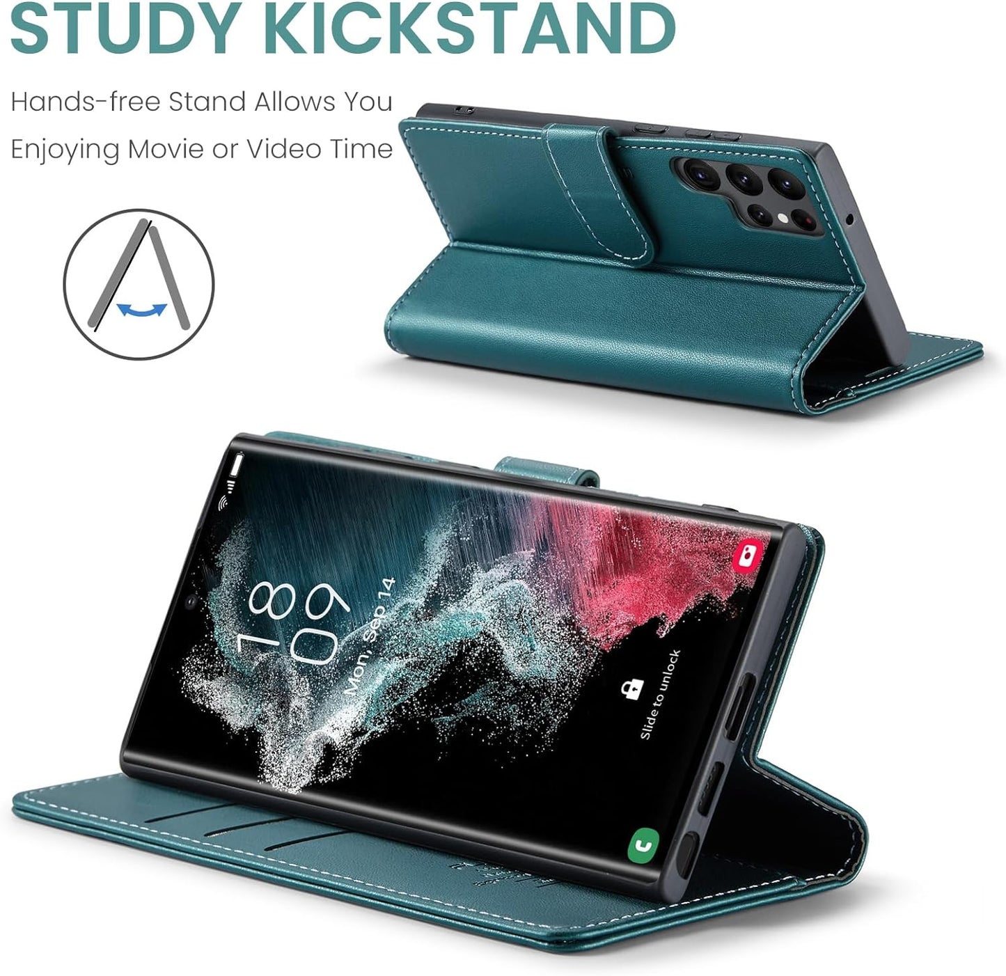 FLIPALM for Samsung Galaxy S22 Ultra Wallet Case with RFID Blocking Credit Card Holder, PU Leather Flip Kickstand Protective Shockproof Cover Women Men for Samsung S22 Ultra Phone Case(Blue-Green)  FLIPALM   