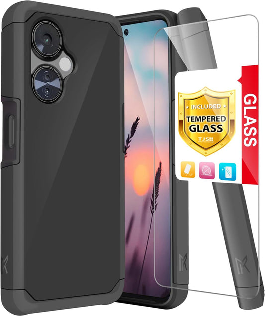 TJS Compatible for Oneplus Nord N30 5G Case, with Tempered Glass Screen Protector Dual Layer Hybrid (Magnetic Mount Friendly) Shockproof Drop Protection Impact Phone Case (Black)  TJS   