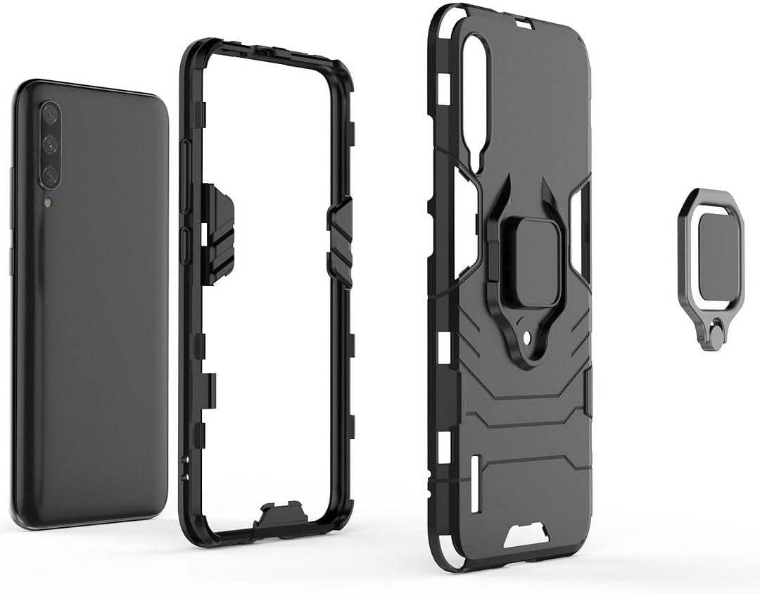 SATURCASE Case for Xiaomi Mi A3, Ring Kickstand Hybrid 2 in 1 [PC & Silicone] Dual-Layer Bumper Shockproof Protective Cover for Xiaomi Mi A3 (Hz-Black)  SATURCASE   